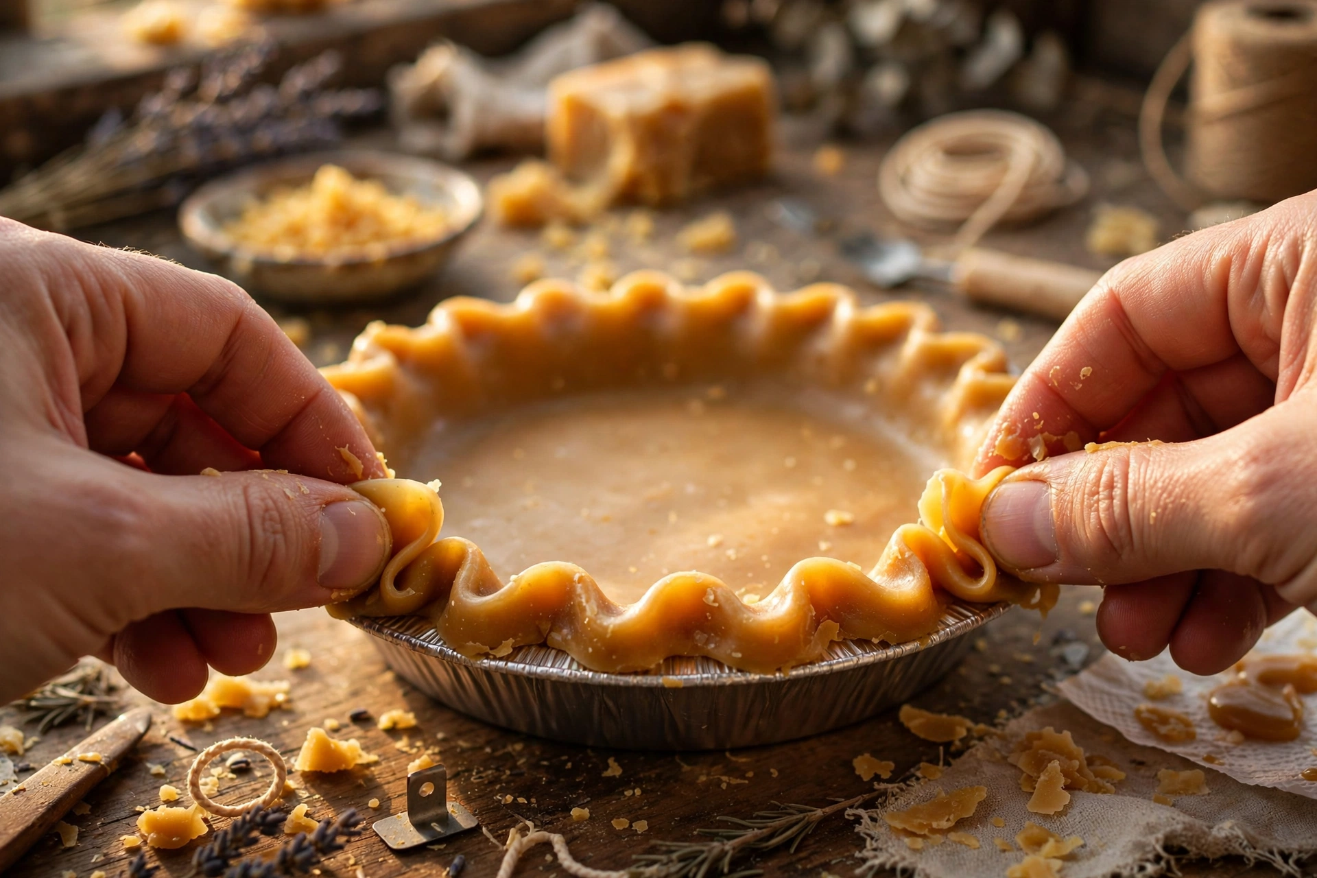Hands pinching scalloped shapes into a rope of warm golden wax around the rim of a foil pie tin