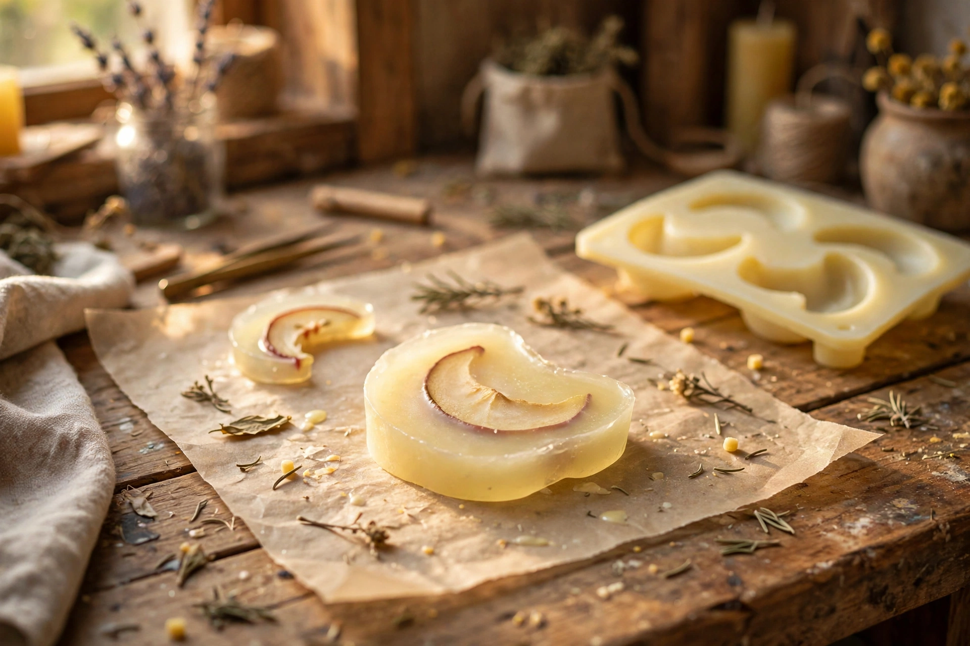 Small crescent-shaped pale wax apple slices unmolded and arranged on parchment paper