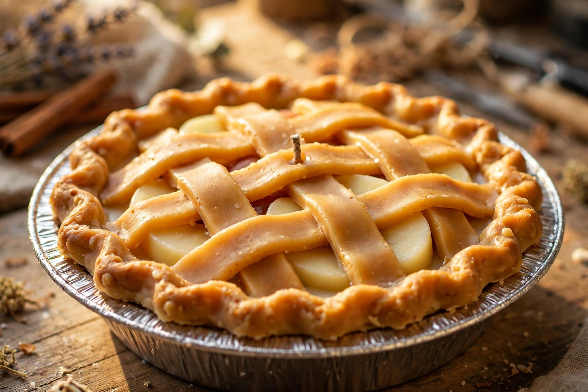 Close-up of the finished apple pie candle showing the crimped edge, woven lattice, and wax apple slices peeking through