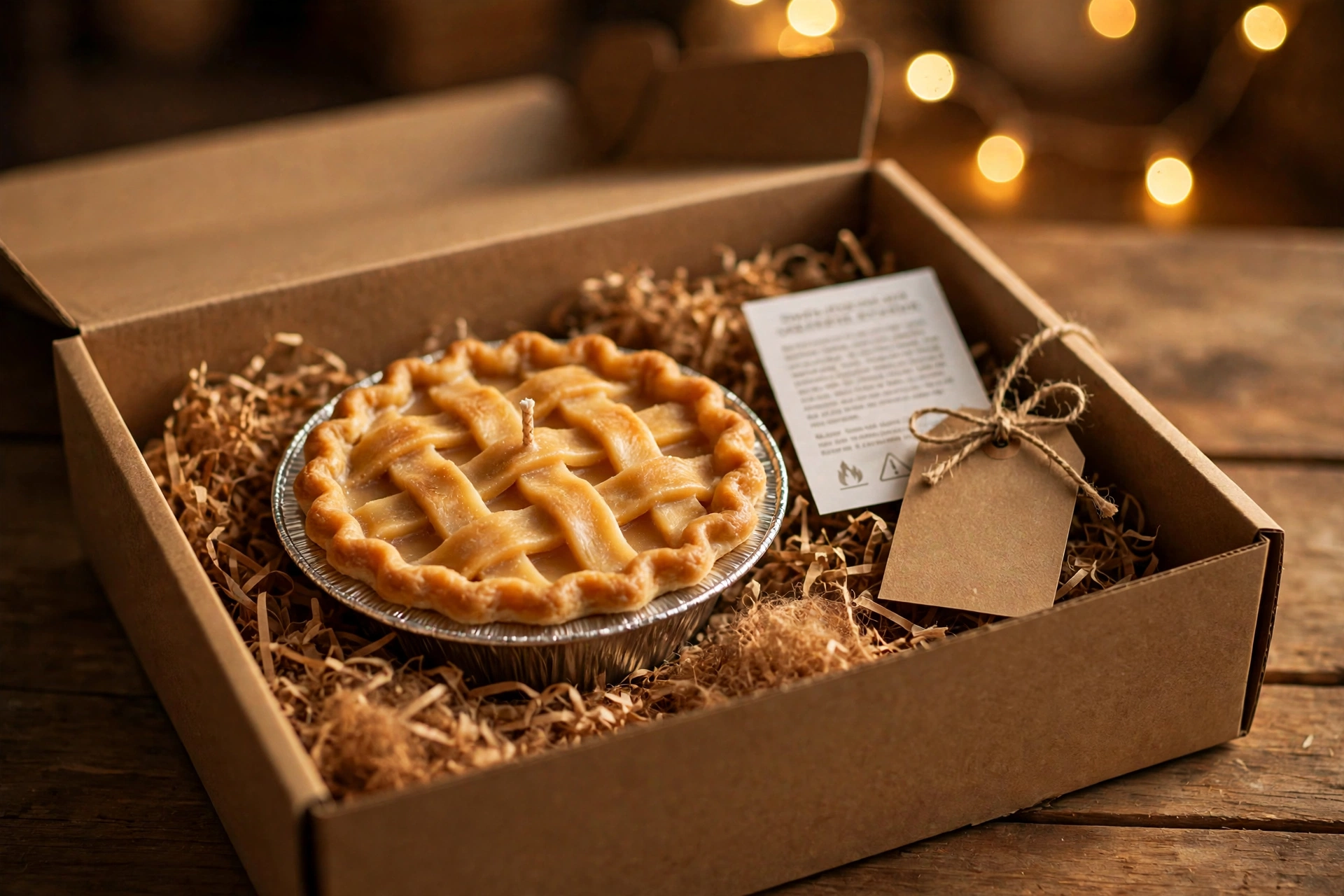 Finished apple pie candle in a kraft gift box with twine-tied tag and warm holiday lights in the background
