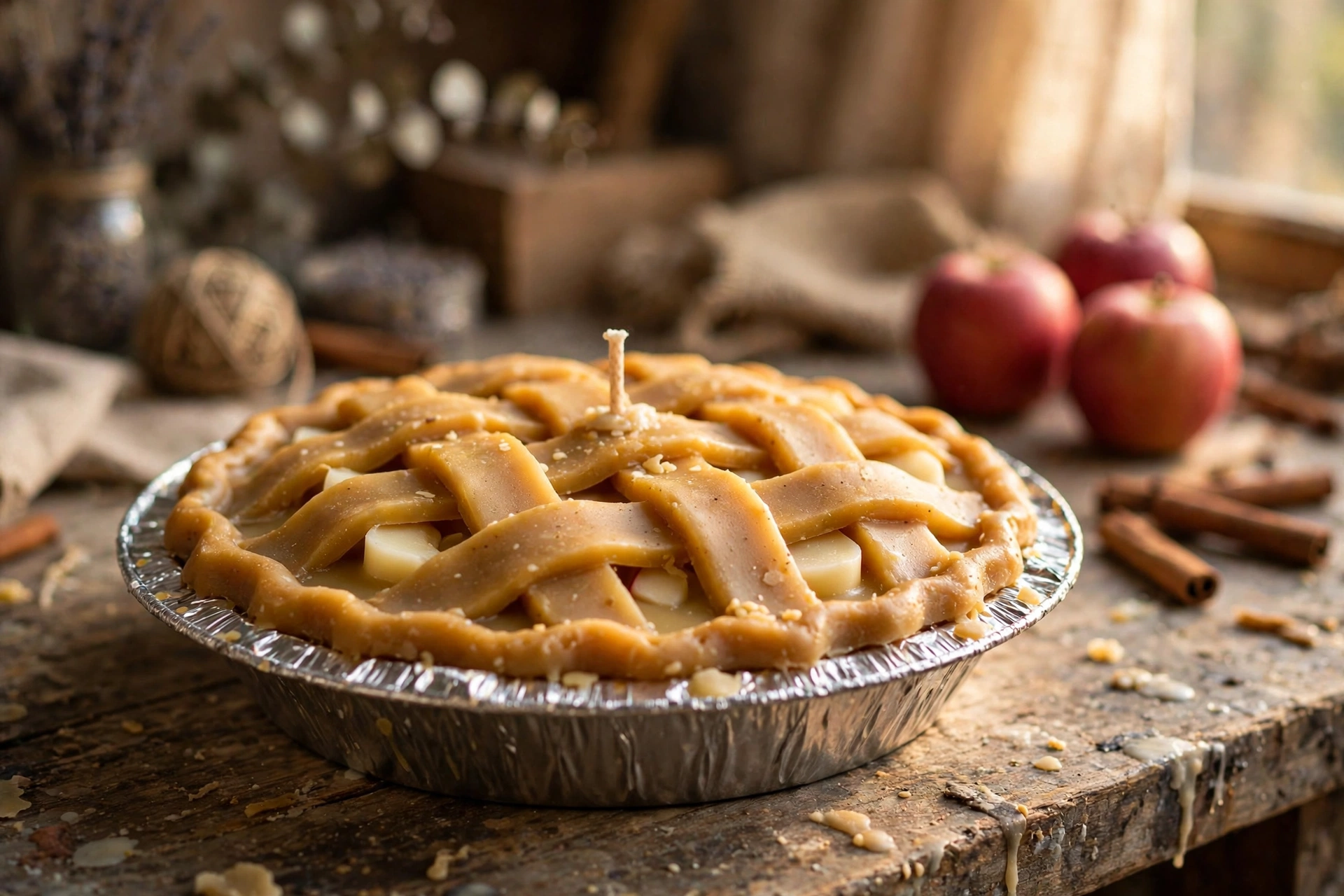 Finished apple pie candle in a foil pie tin with woven wax lattice, wax apple slices peeking through, on a rustic workbench with autumn props