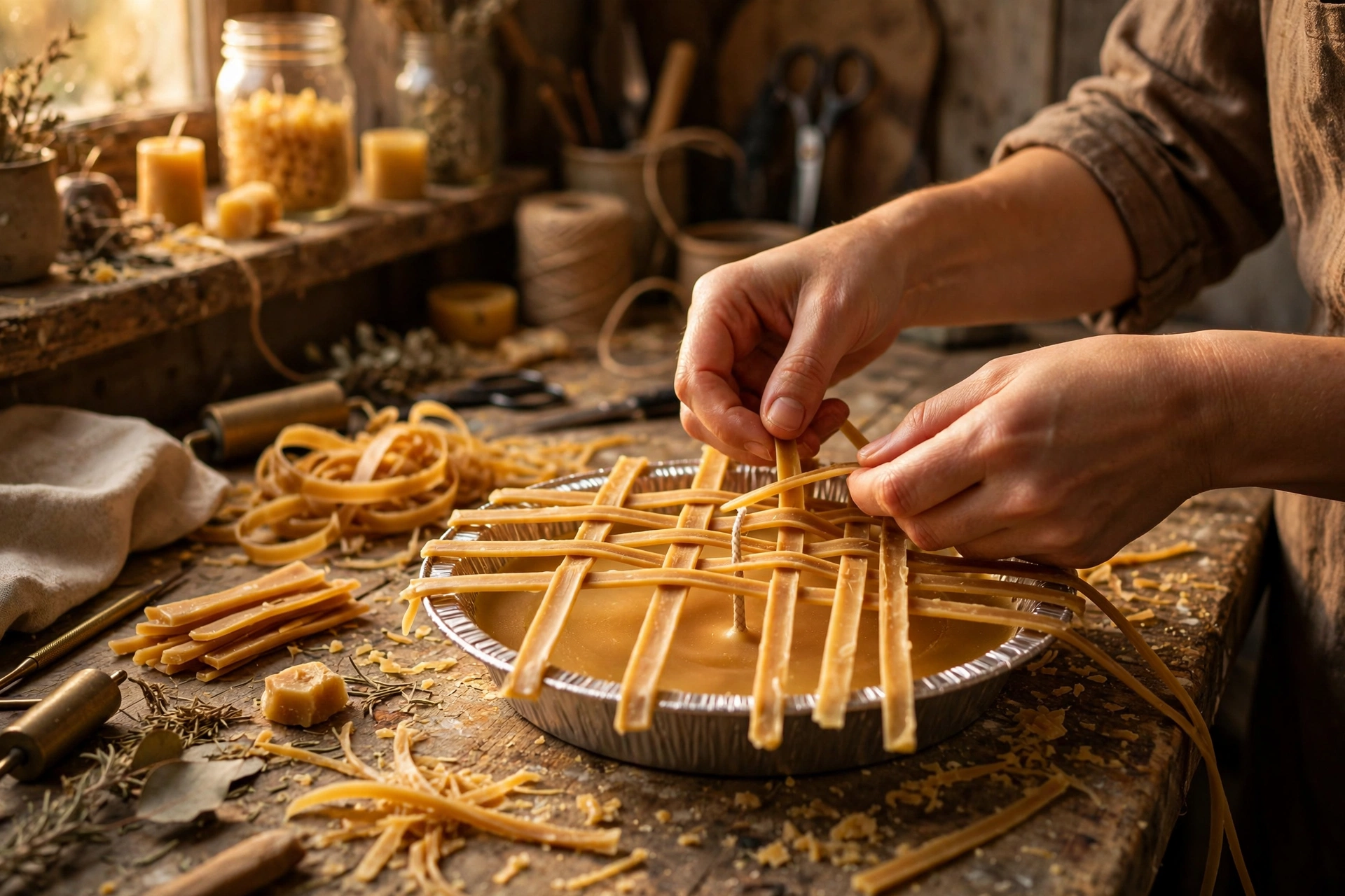 Hands weaving thin strips of golden wax into a lattice pattern across a foil pie tin candle