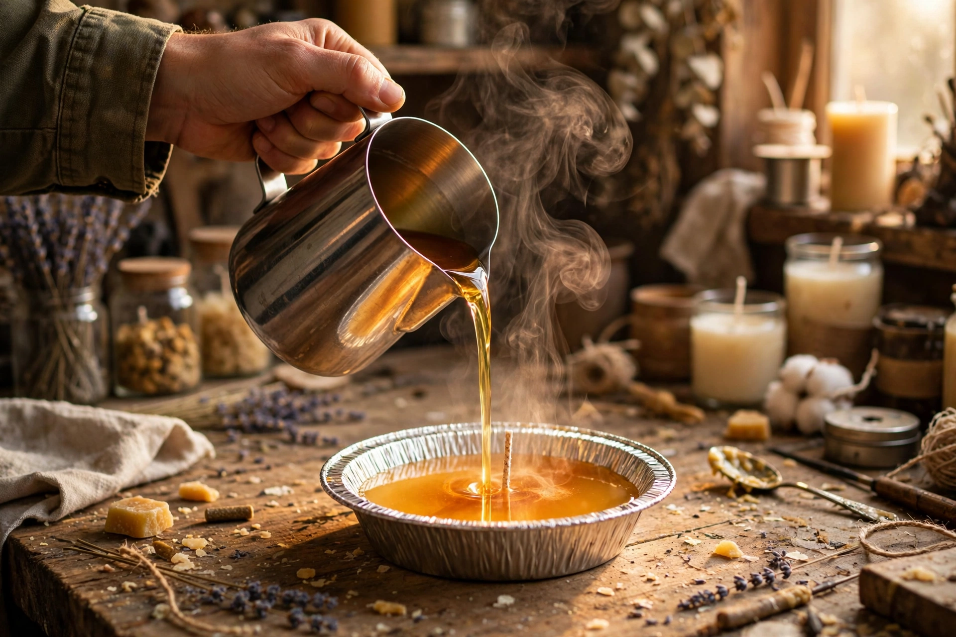 Pouring warm golden-brown wax from a steel pitcher into a foil pie tin with a centered wick
