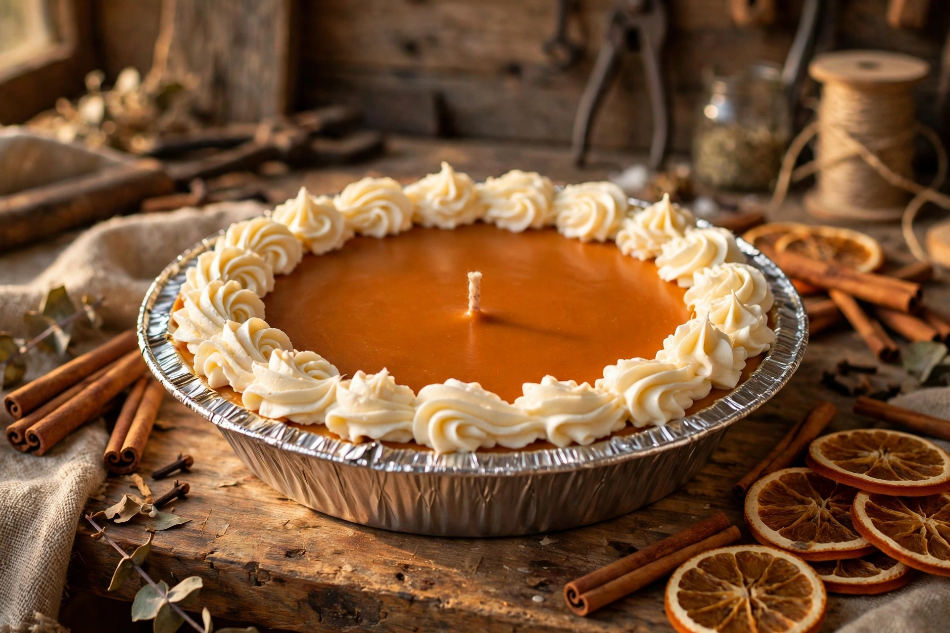 Pumpkin pie candle variation with a smooth deep-orange top and piped whipped wax border in a foil pie tin