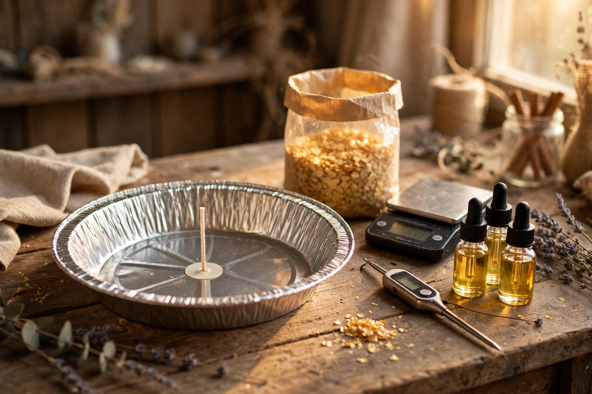 Empty foil pie tin with a wick secured in the center on a workbench beside wax flakes and fragrance oil bottles
