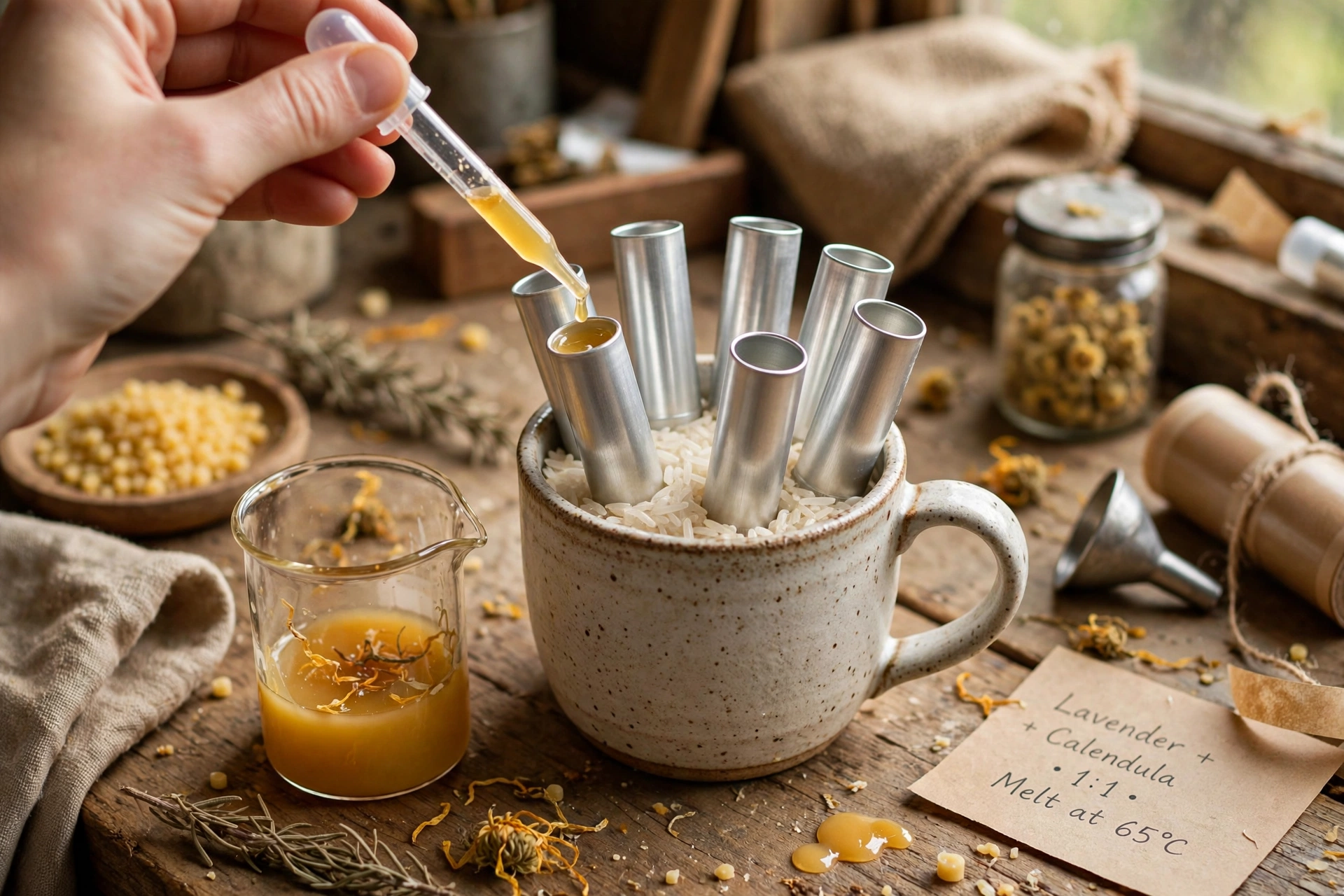 Filling lip balm tubes with a small pipette while the tubes stand upright in a mug of rice