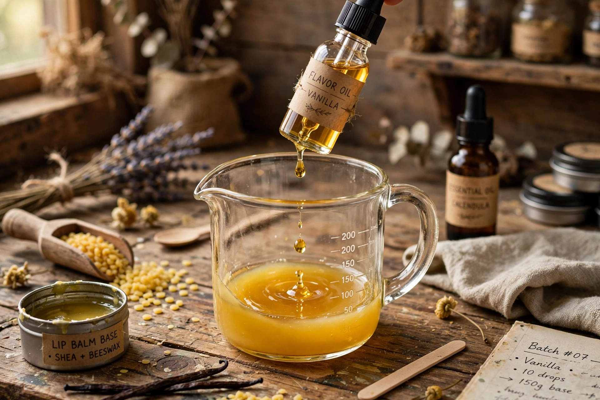 Adding drops of lip-safe flavor oil from a dropper vial into the melted lip balm base