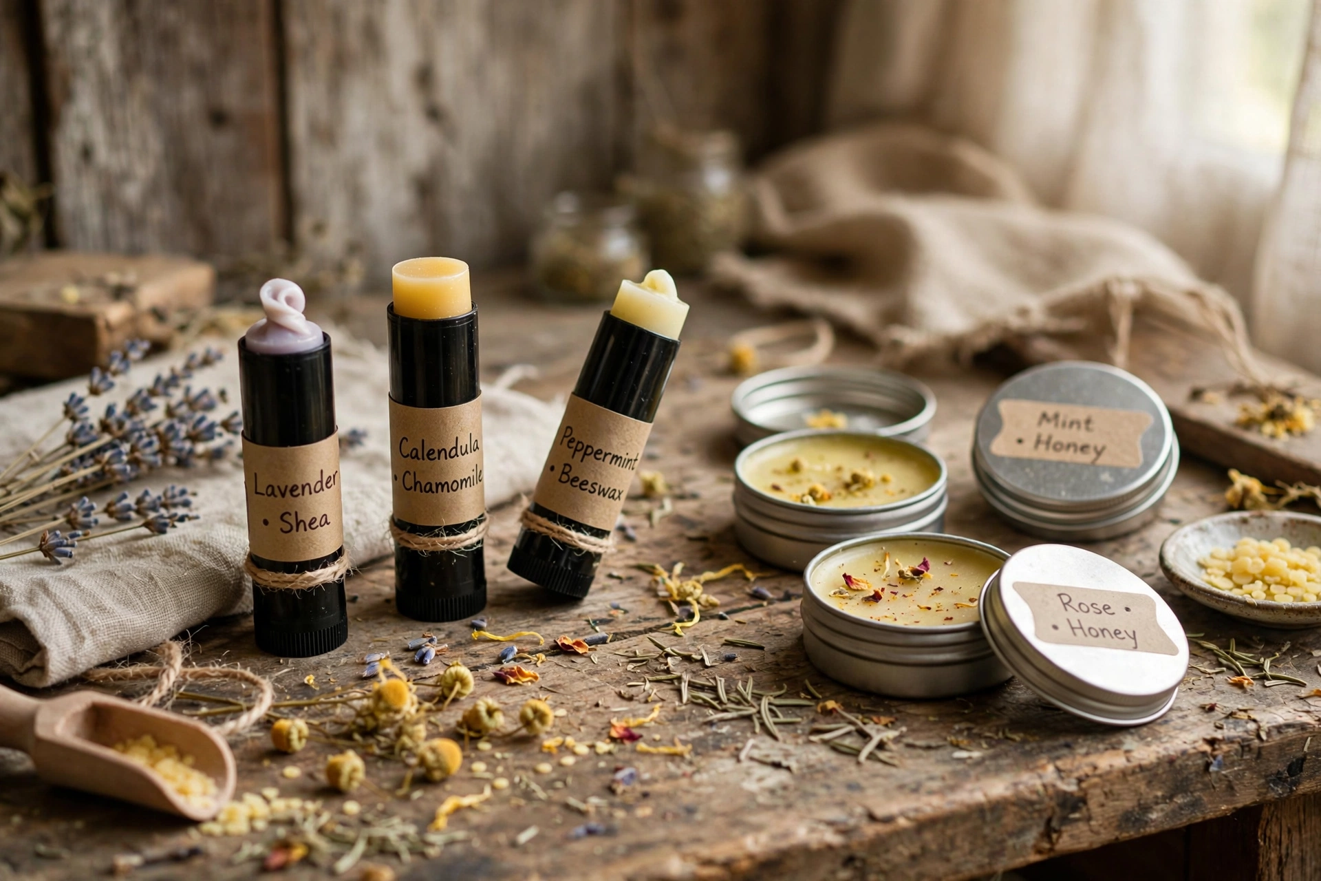 Finished homemade lip balms in twist-up tubes and small metal tins arranged on a wooden workbench