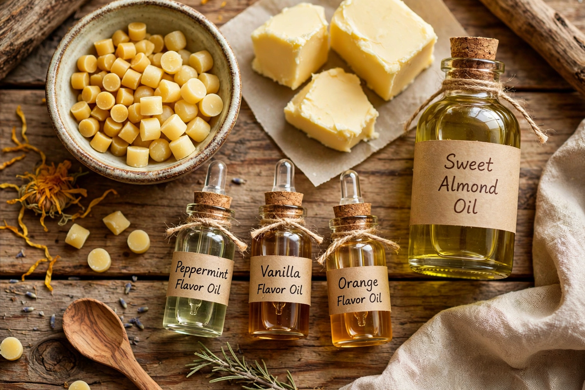 Lip balm ingredients on a wooden table: wax pastilles, solid butter, a bottle of liquid oil, and small vials of lip-safe flavor oil