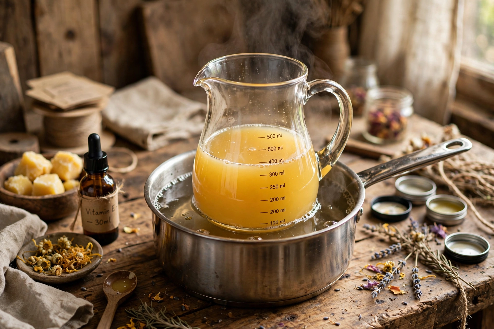Lip balm base melting in a spouted glass pouring pitcher over warm water
