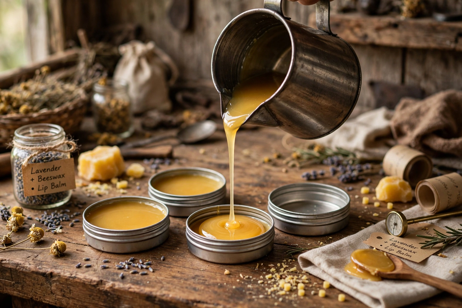Pouring melted lip balm from a spouted pitcher into small round metal tins