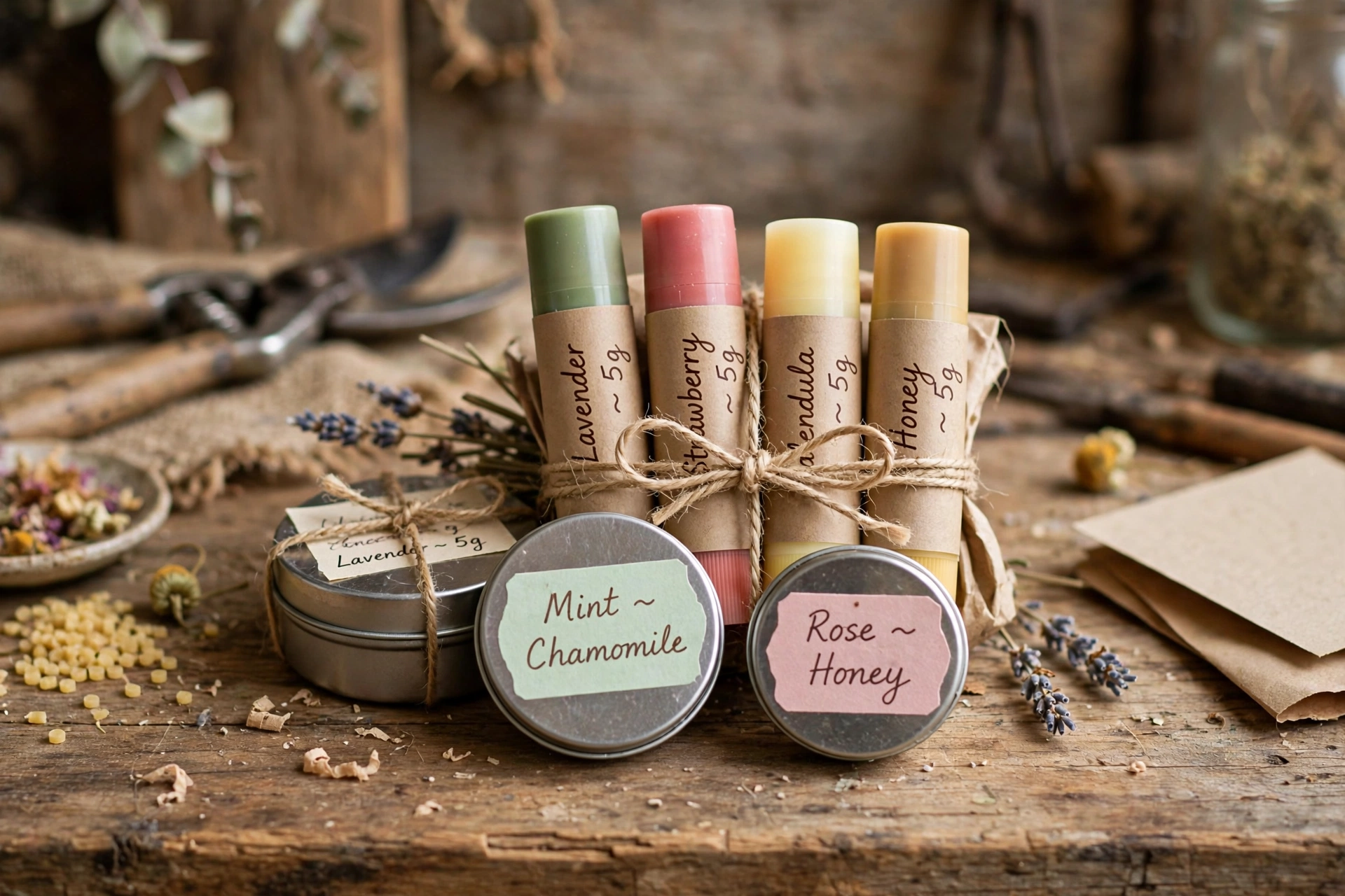 An assorted gift set of homemade lip balms in tubes and tins with handwritten labels