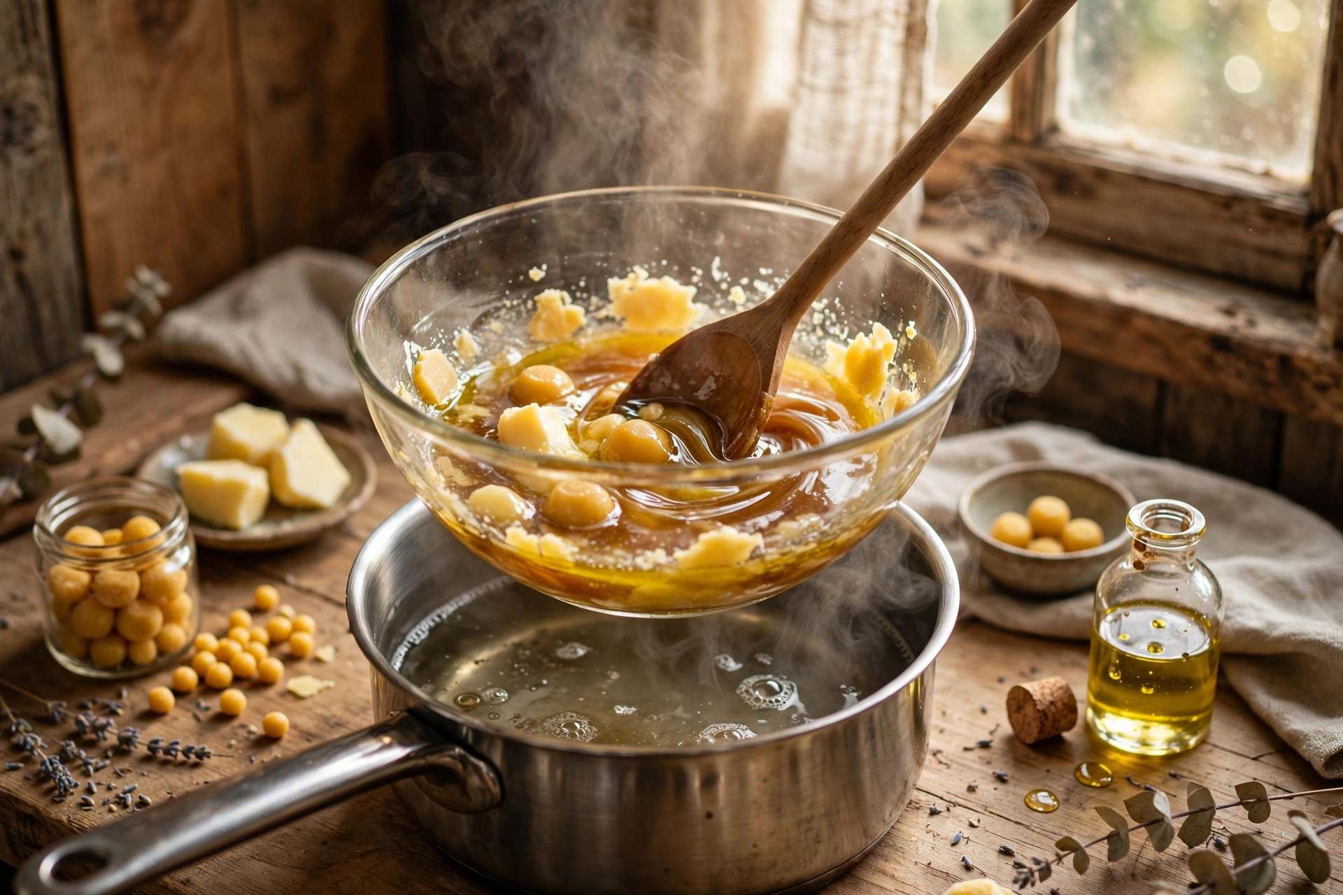 Beeswax pastilles, shea butter, and oil melting together in a glass bowl over a double boiler