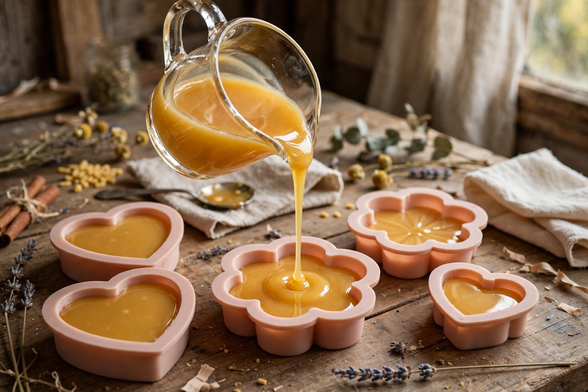 Pouring golden melted lotion bar mixture from a glass pitcher into flower- and heart-shaped silicone molds