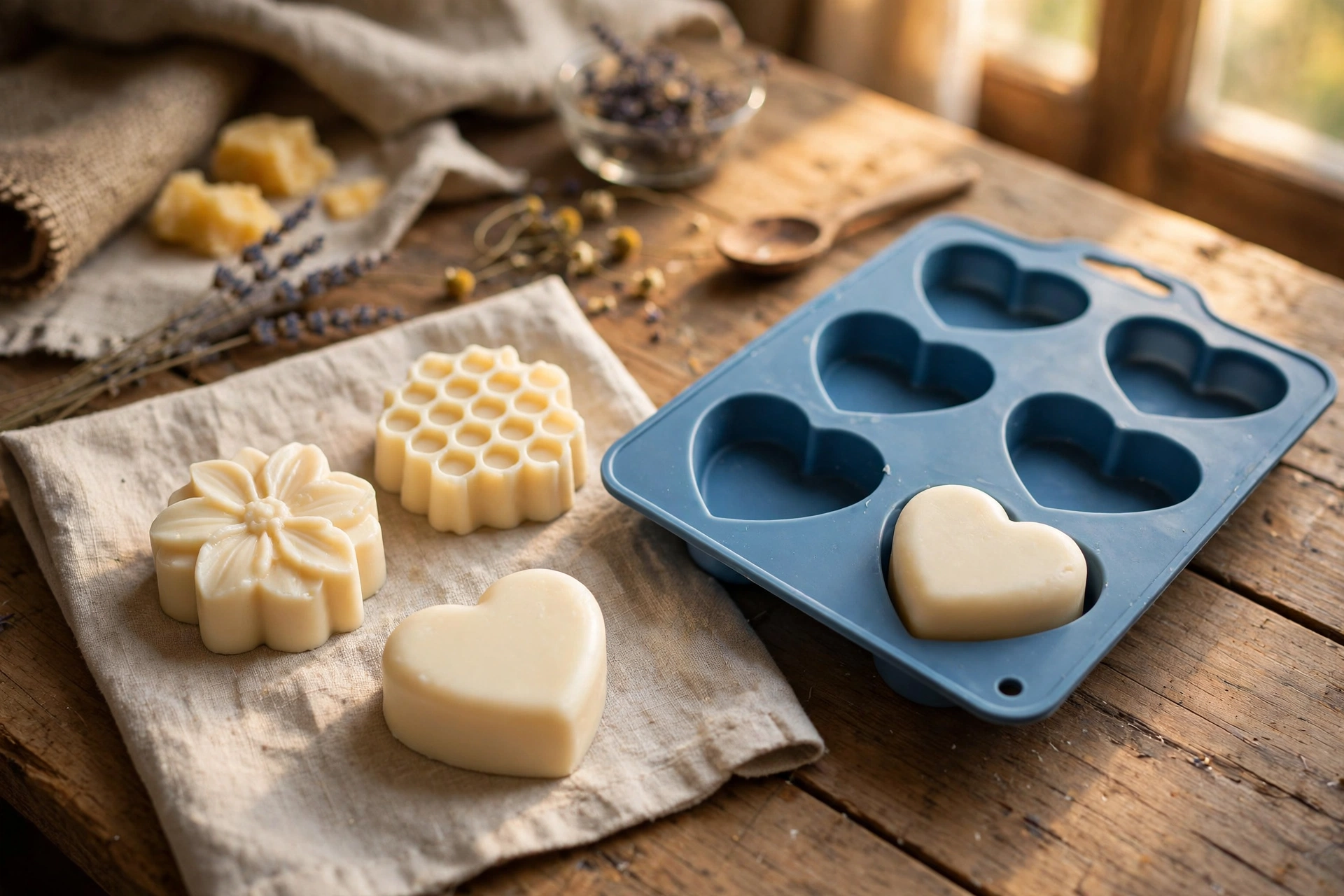 Finished cream-colored lotion bars shaped like flowers and honeycombs beside an open silicone mold