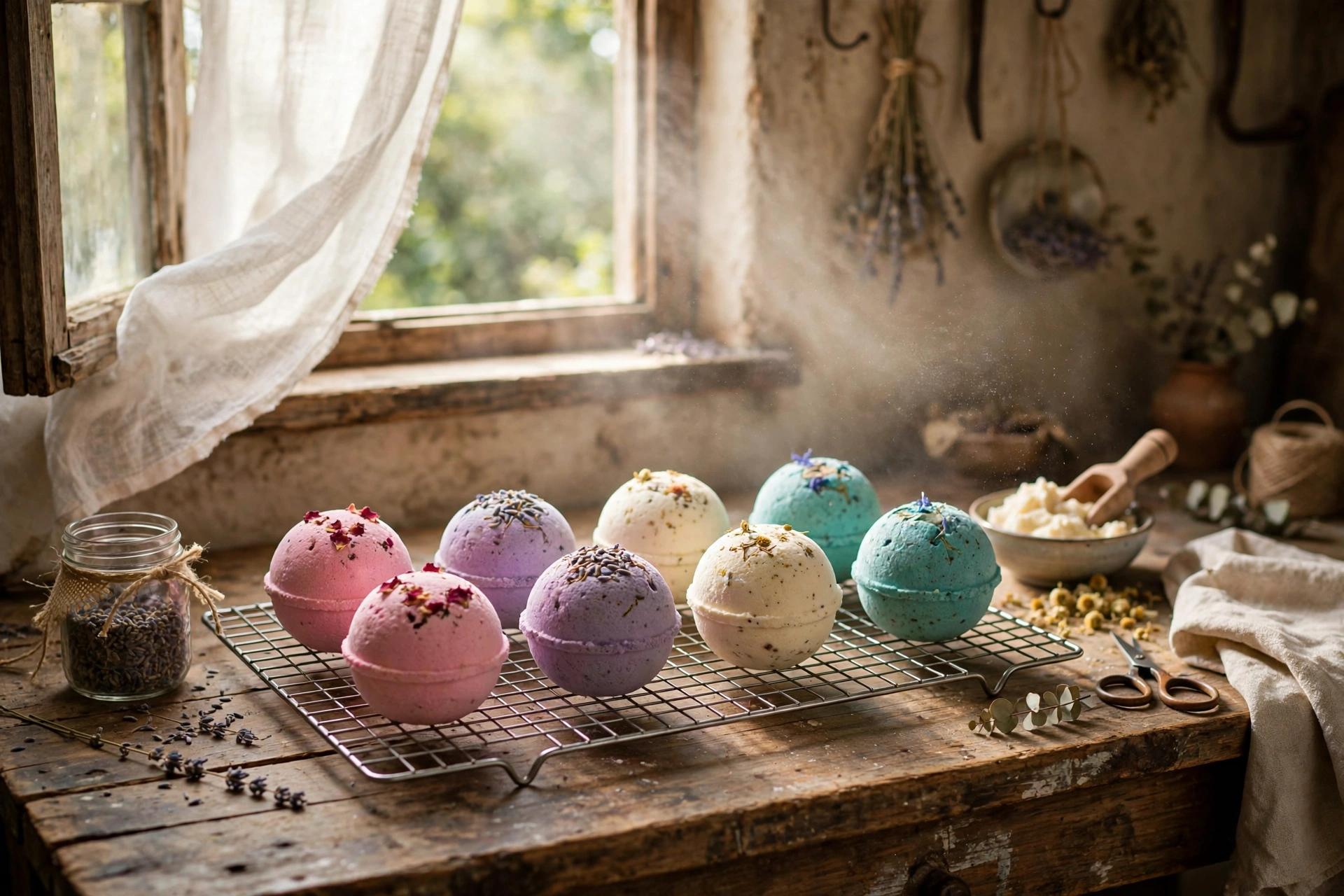 Colorful bath bombs drying on a wire cooling rack near a window