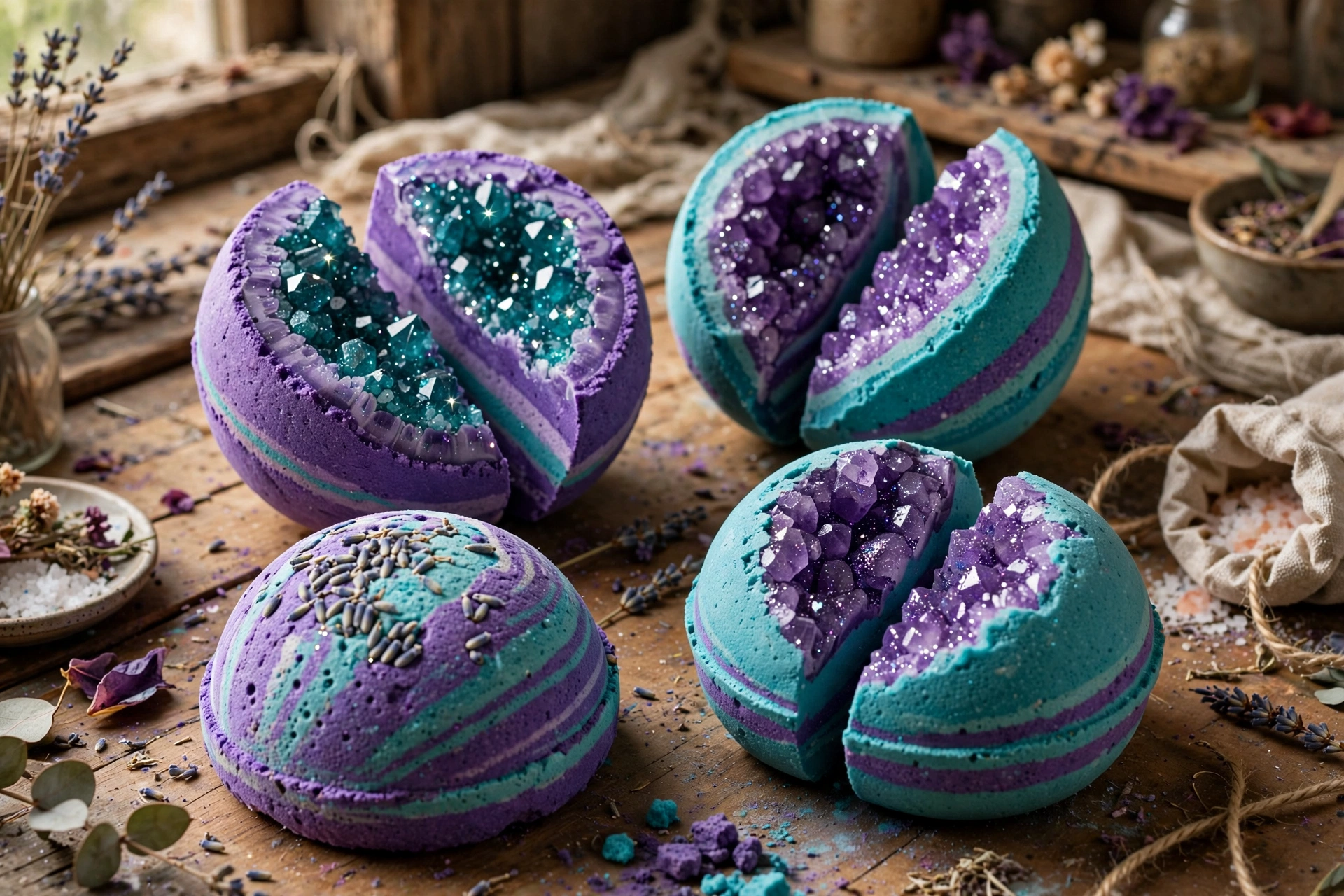 Geode-style bath bombs in purple and teal with sparkling crystal-like embeds on top