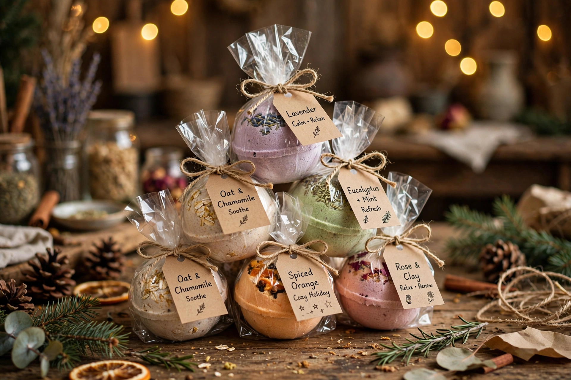 Shrink-wrapped bath bombs tied with twine bows and kraft gift tags, arranged as holiday gifts