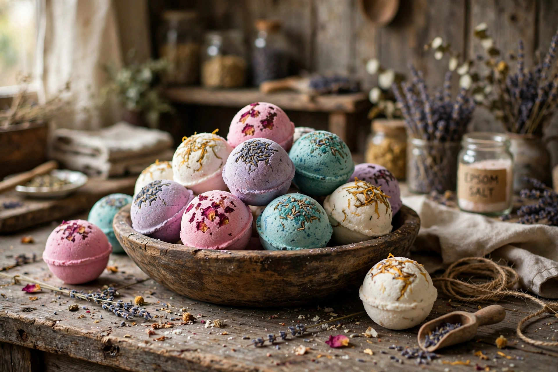 Colorful handmade bath bombs in pink, lavender, teal, and cream piled in a rustic wooden bowl