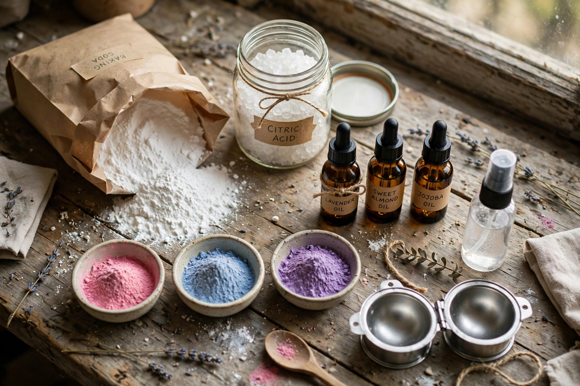 Bath bomb ingredients laid out on a workbench: baking soda, citric acid crystals in a glass jar, small bottles of skin-safe oil, bowls of colored mica powder, a spray bottle, and two-piece round molds
