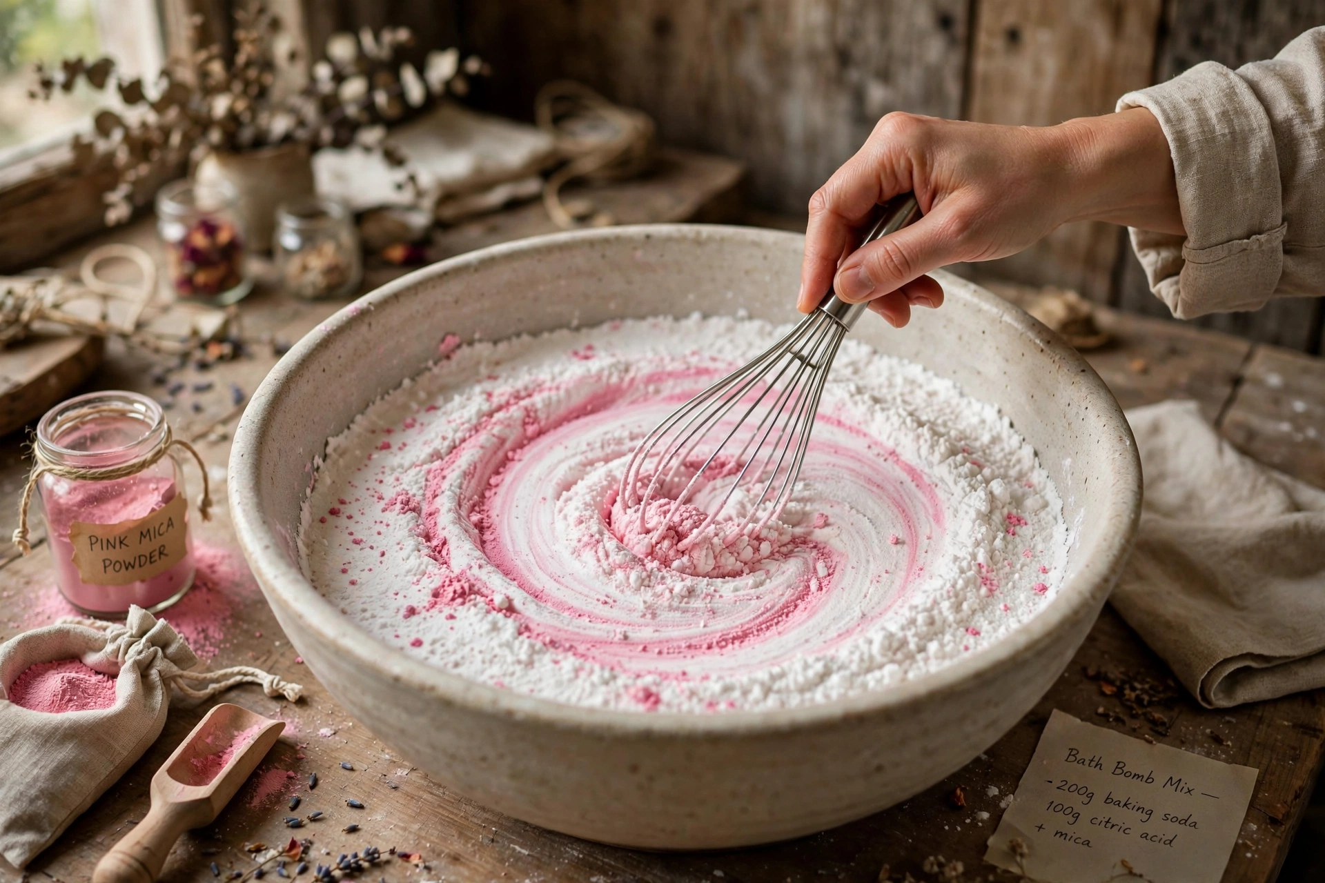 Whisking pink mica powder through dry white bath bomb mix in a ceramic bowl