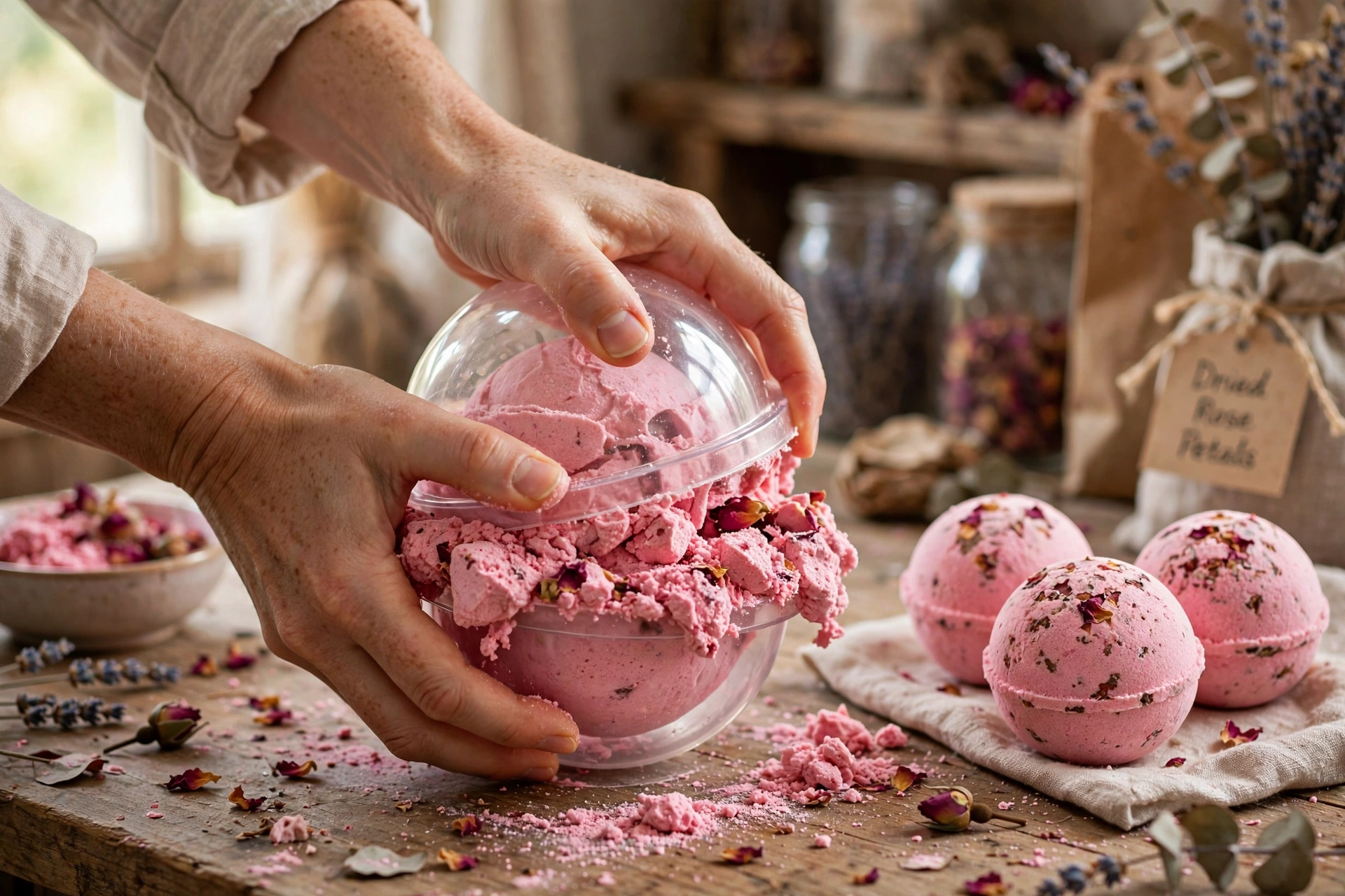 Pressing two overfilled halves of a clear round bath bomb mold together with a twist