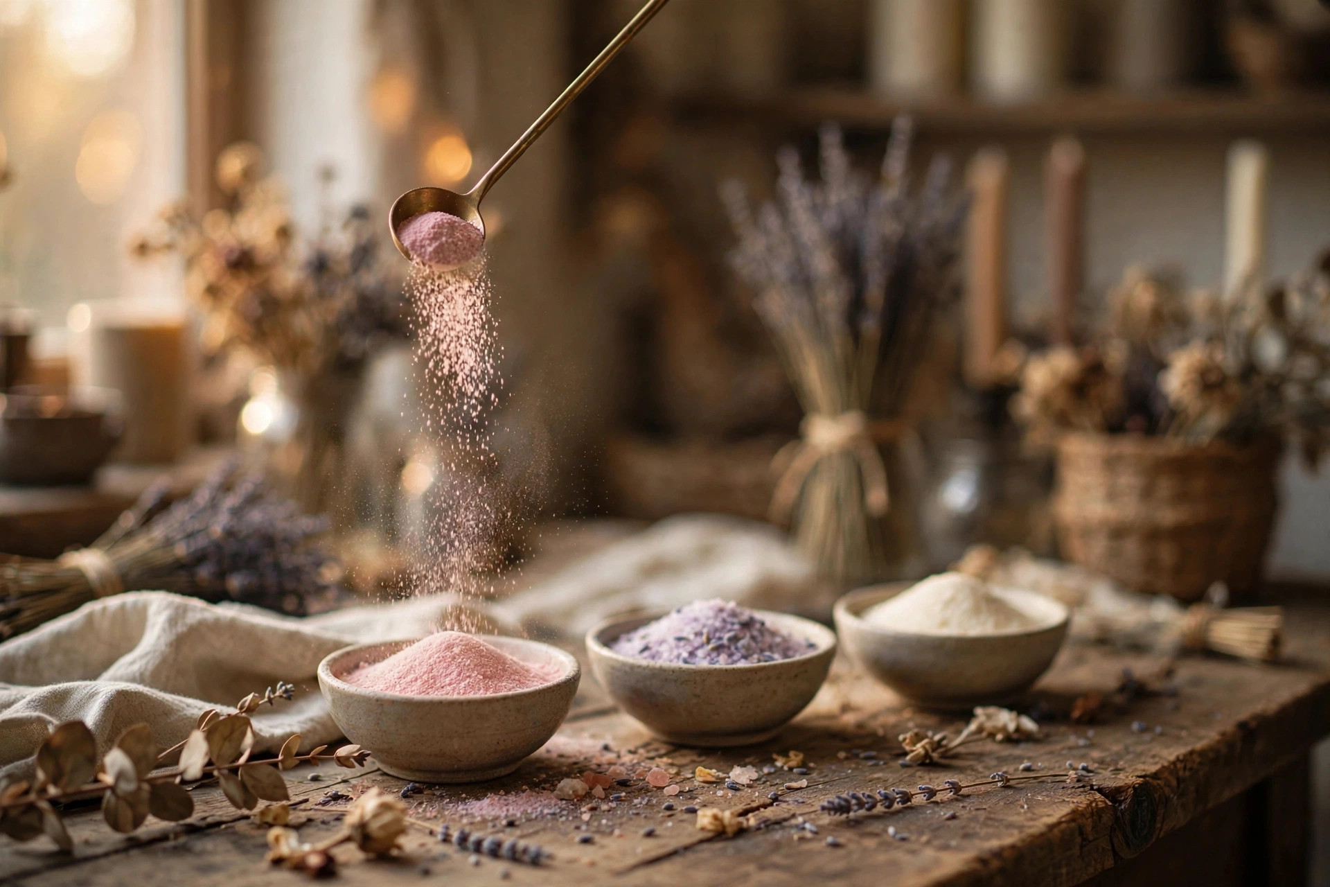 Small bowls of bath salt in pink, lavender, and cream with mica powder being added