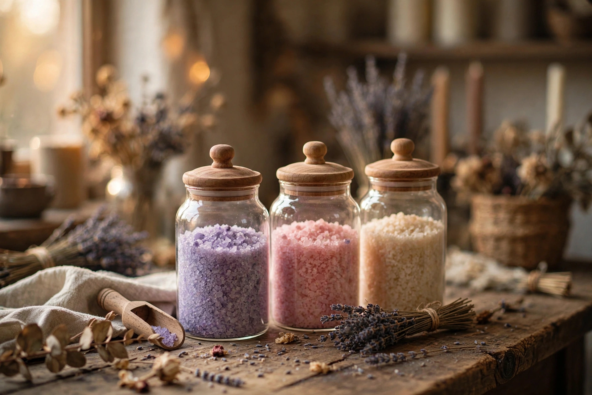 Finished bath salts in jars with essential oils