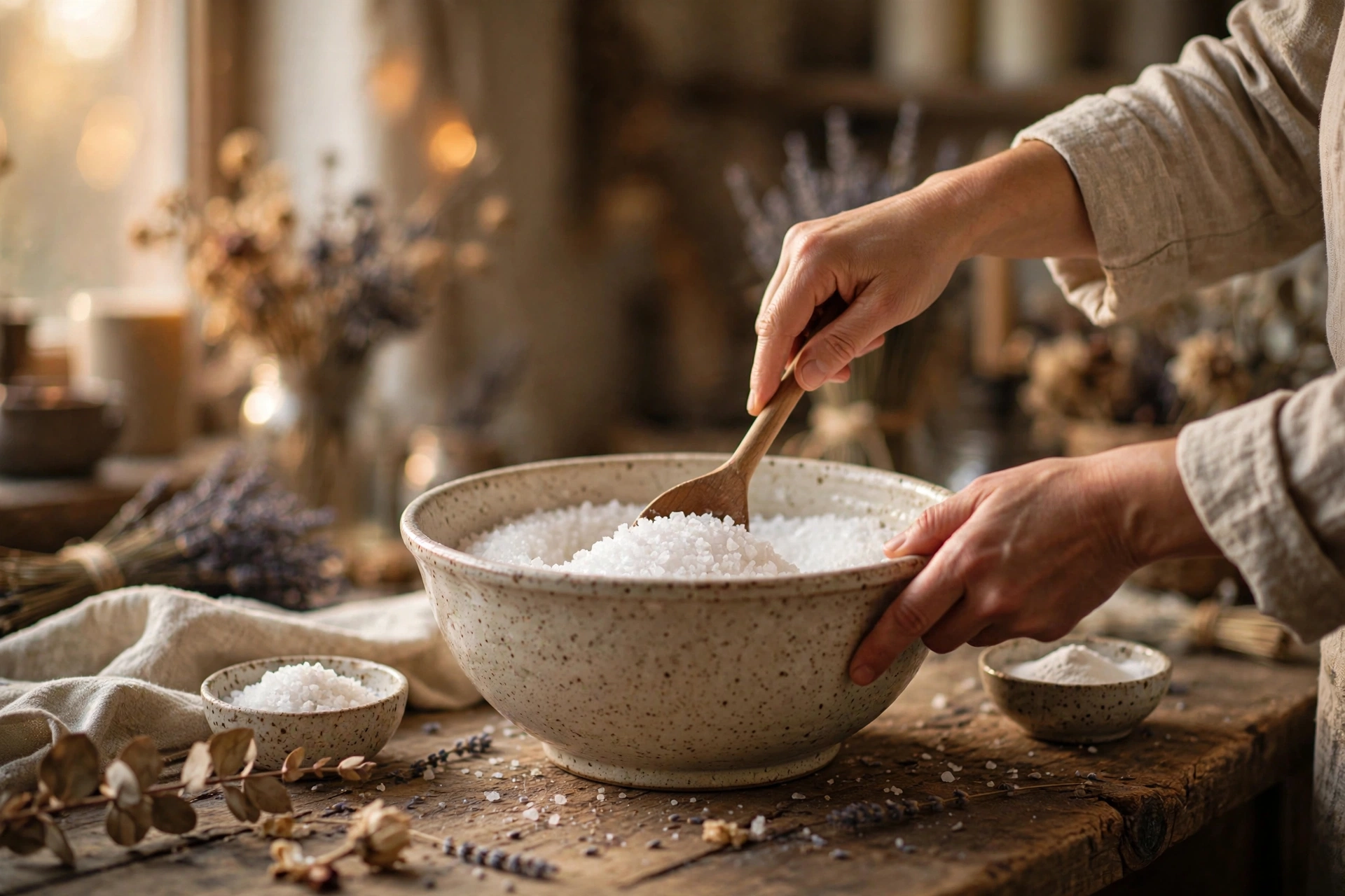 Stirring coarse epsom salt in a ceramic mixing bowl with a wooden spoon on a rustic workbench