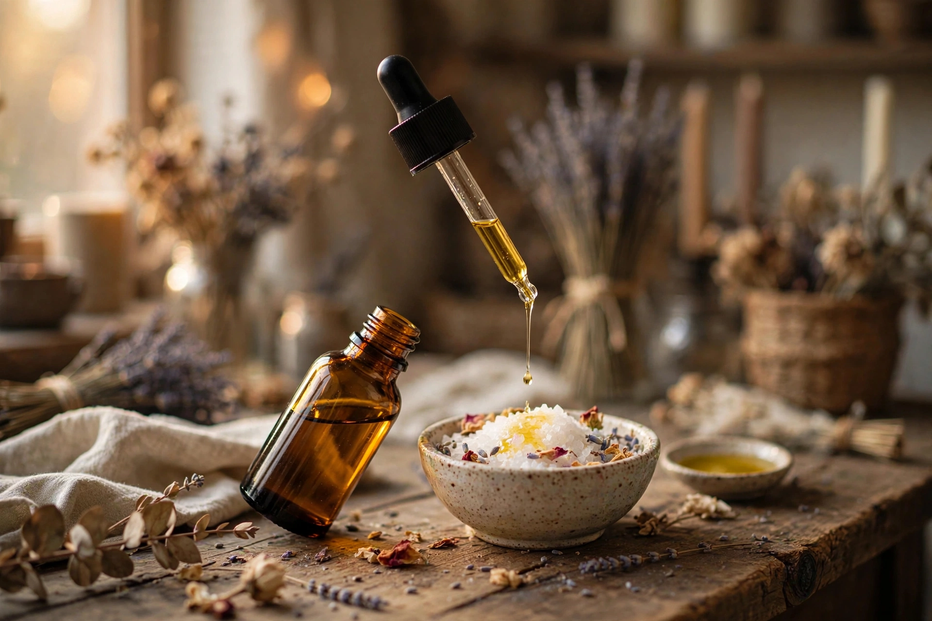 Drizzling essential oil from an amber bottle over a bowl of white bath salts