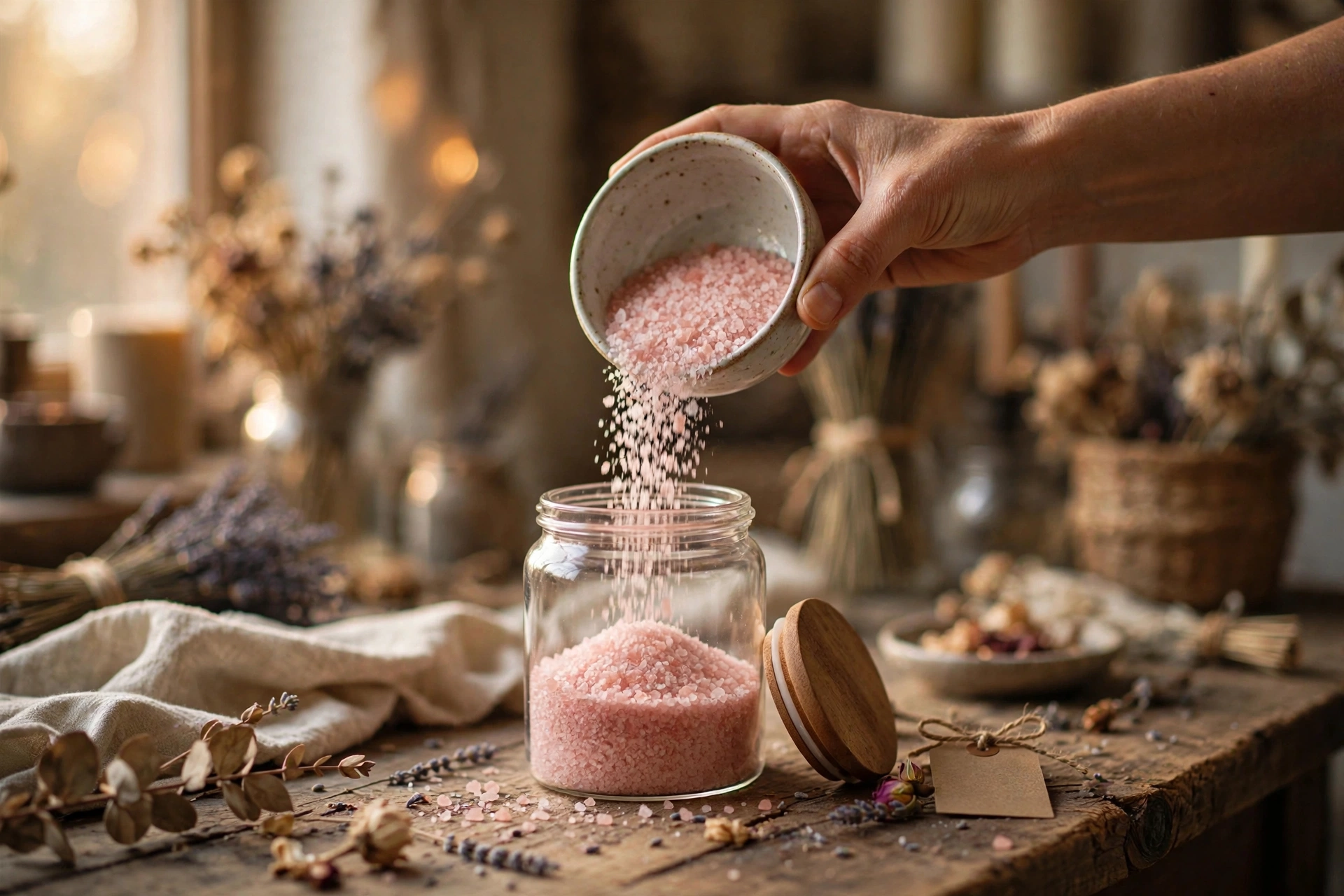 Pouring pink bath salts into a glass jar with a wooden lid, kraft tag and twine beside it