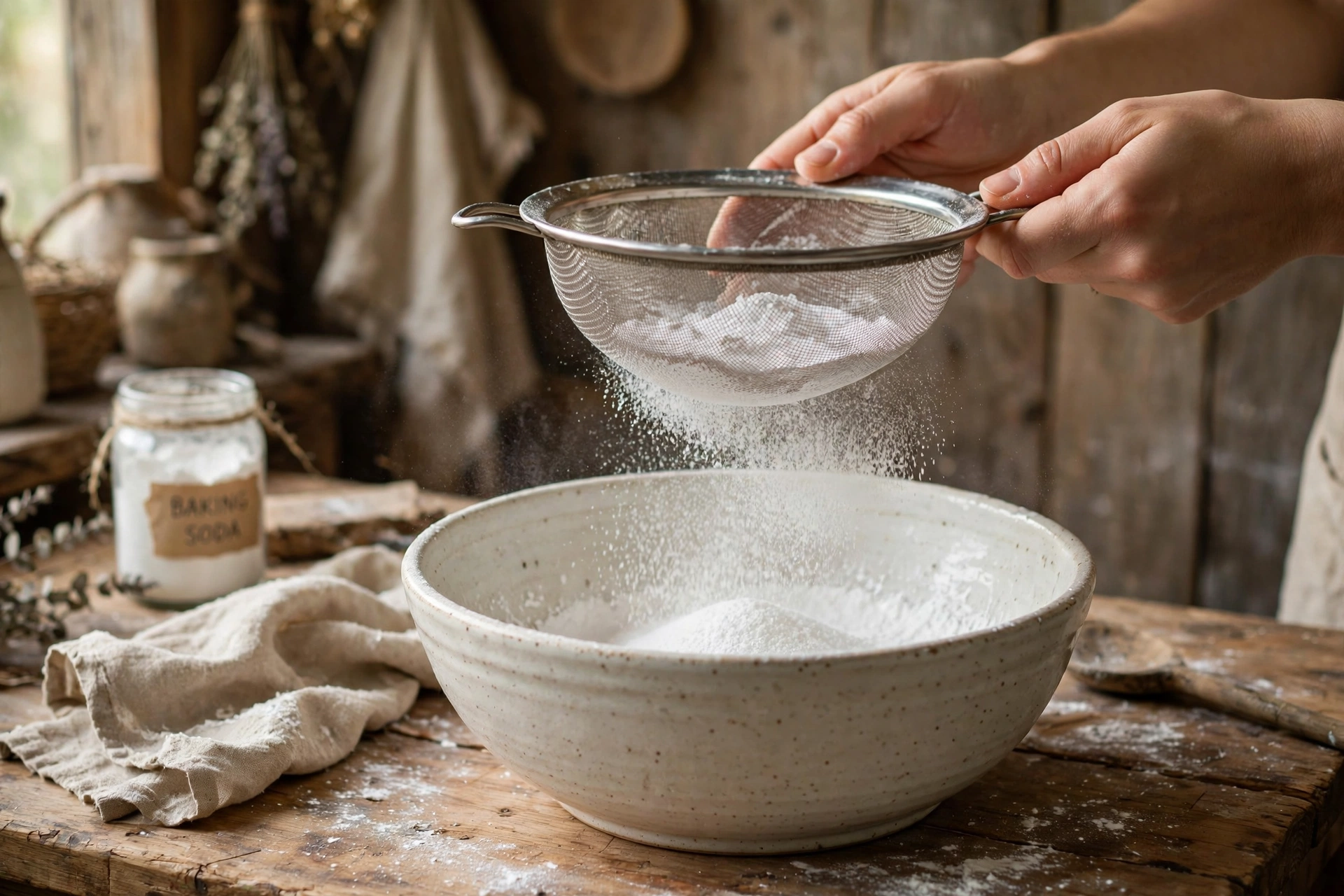 Sifting white baking soda powder through a metal sieve into a large ceramic mixing bowl