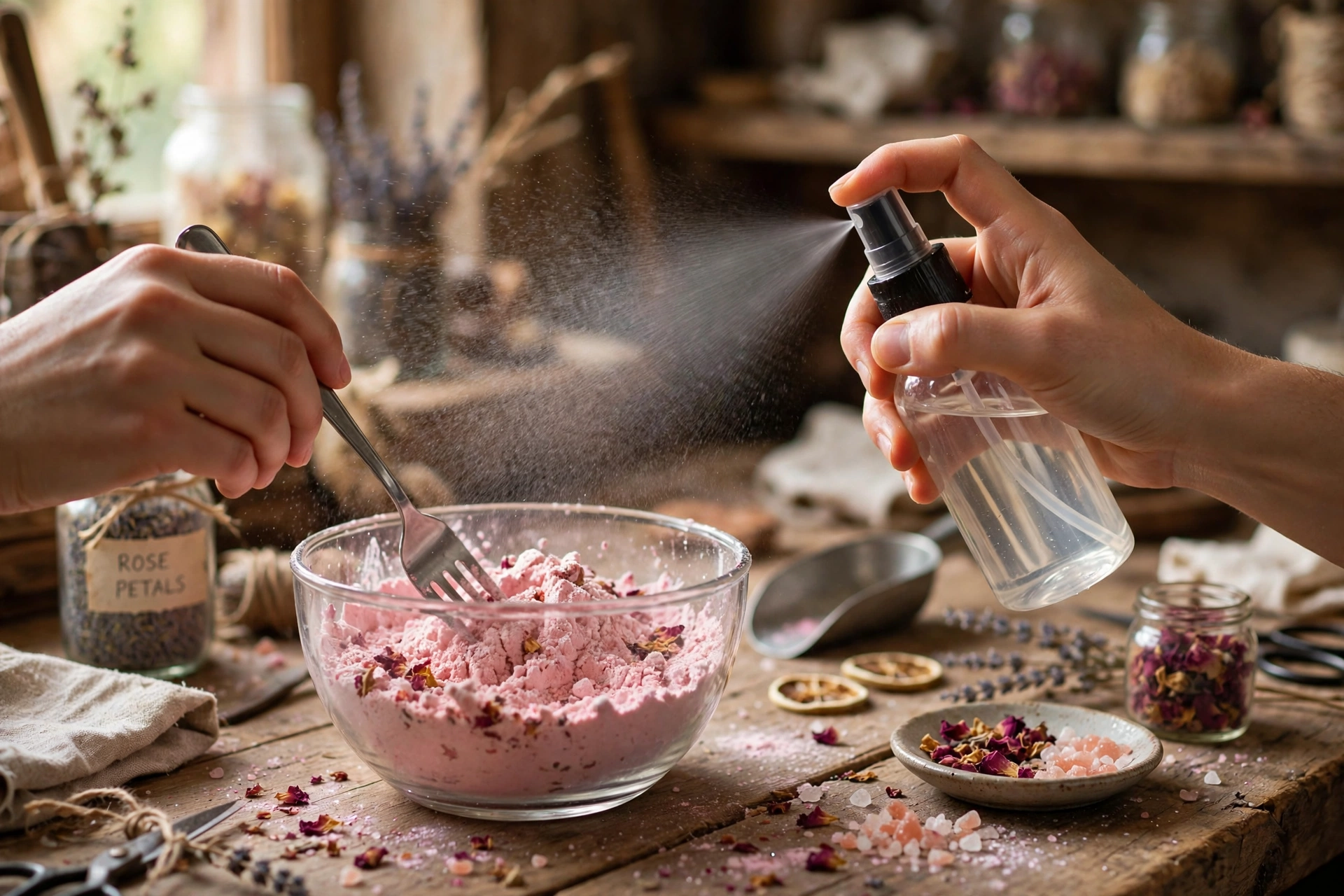 Spritzing liquid binder from a small spray bottle over bath bomb mix while tossing it with a fork