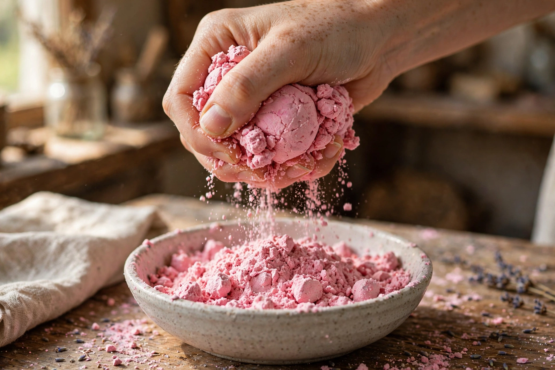 A hand squeezing pink bath bomb mix showing it clumping together like wet sand