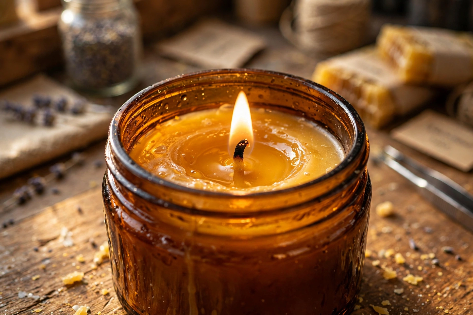 Close-up of a test burn on a beeswax container candle