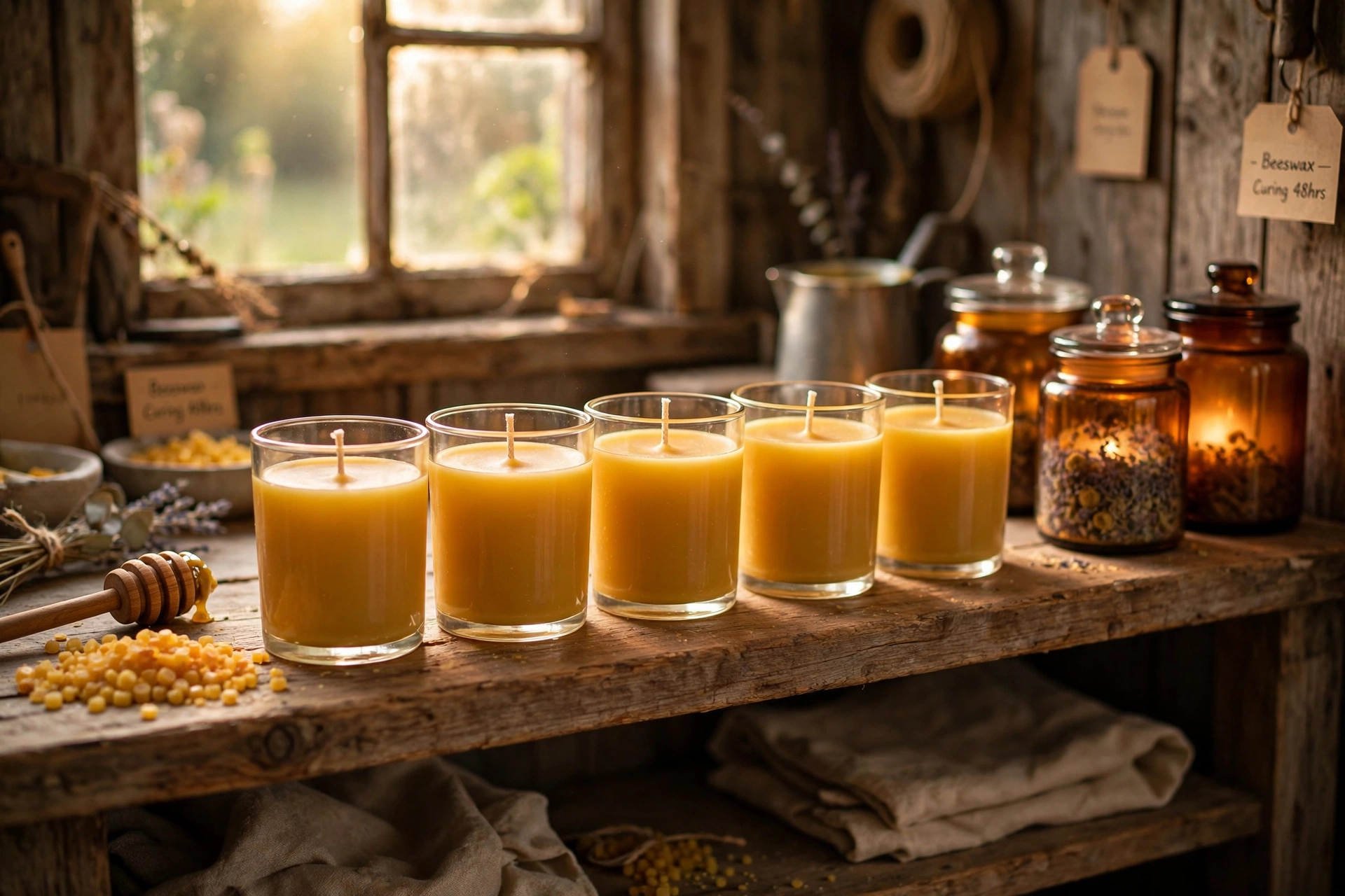 Finished beeswax candles curing on a wooden shelf