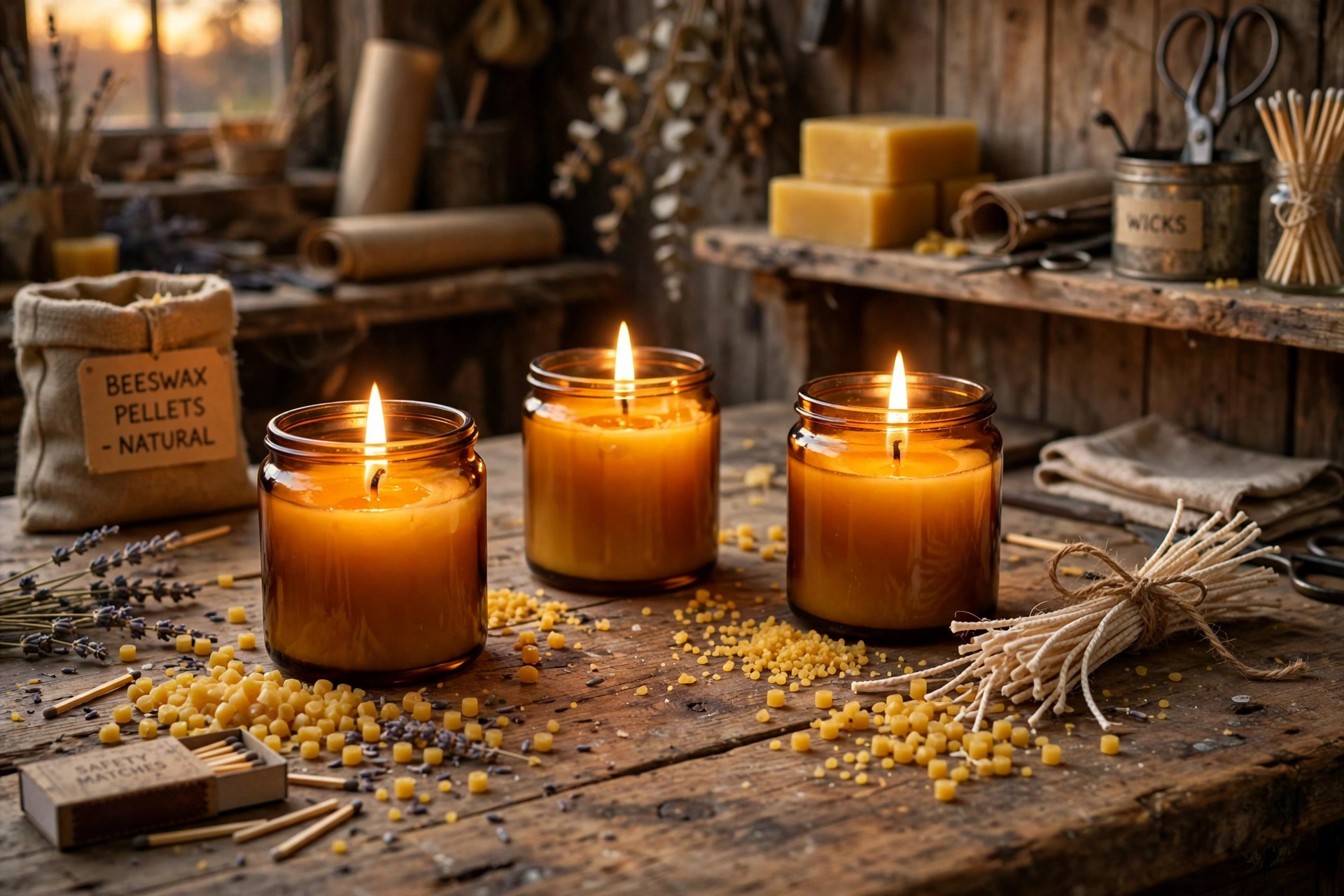 Lit beeswax container candles glowing on a rustic wooden table
