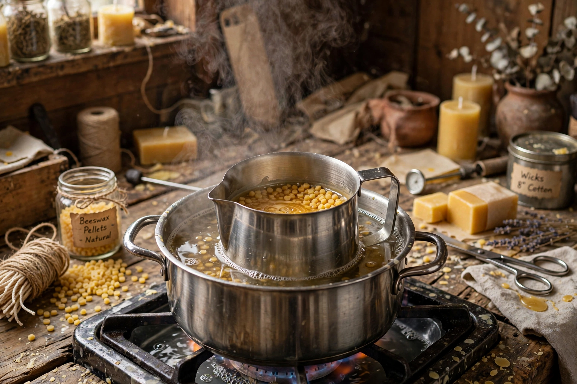 Beeswax melting in a pouring pitcher over a double boiler