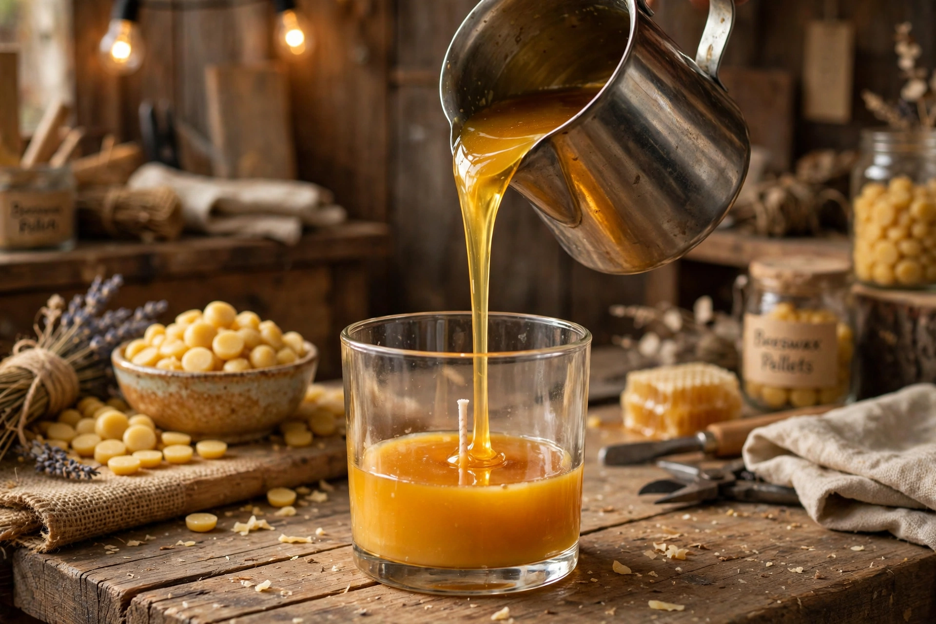 Pouring golden liquid beeswax into a glass container
