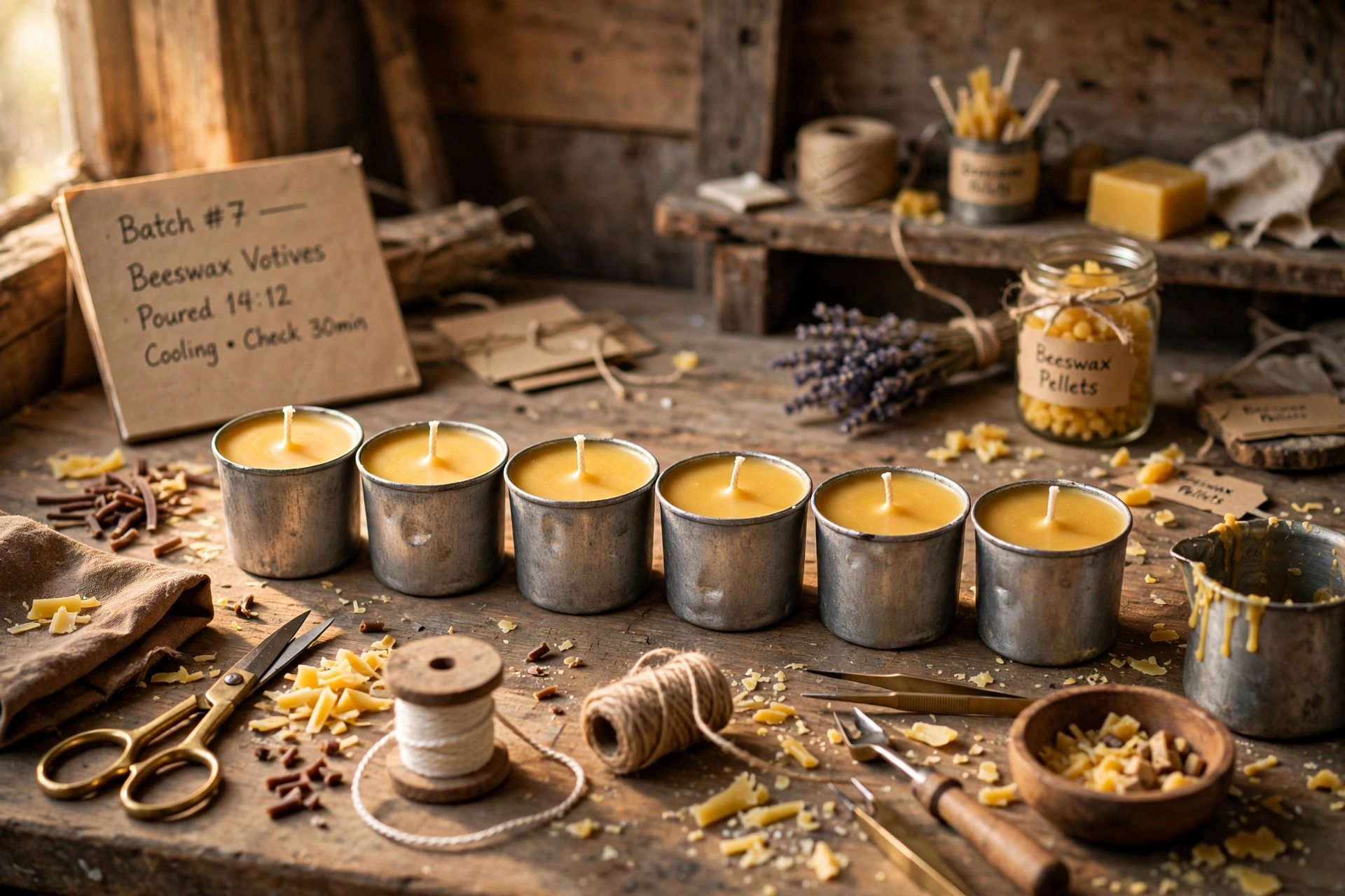 Freshly poured beeswax votives cooling in molds