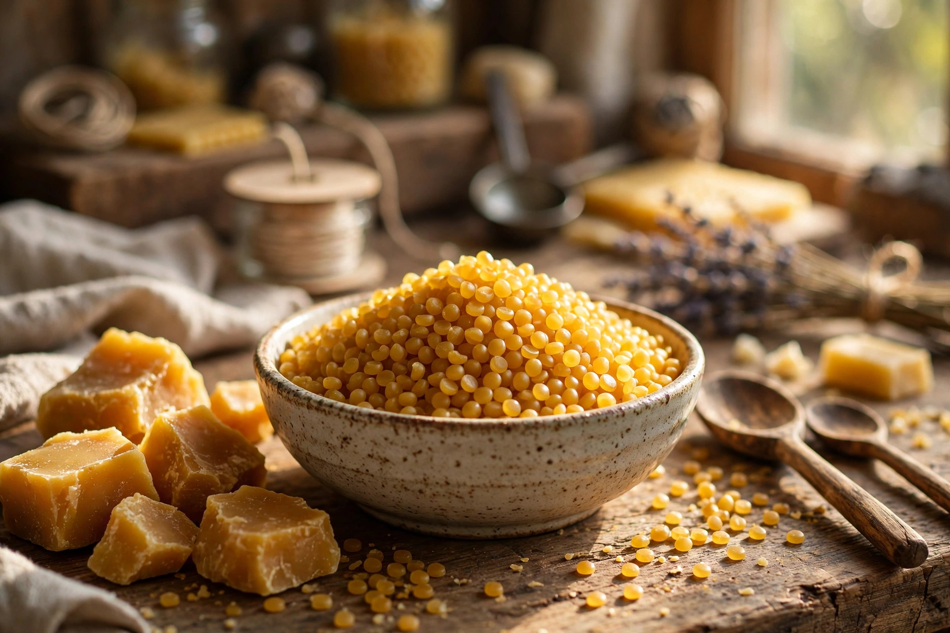 Golden beeswax pellets piled in a bowl on a wooden workbench