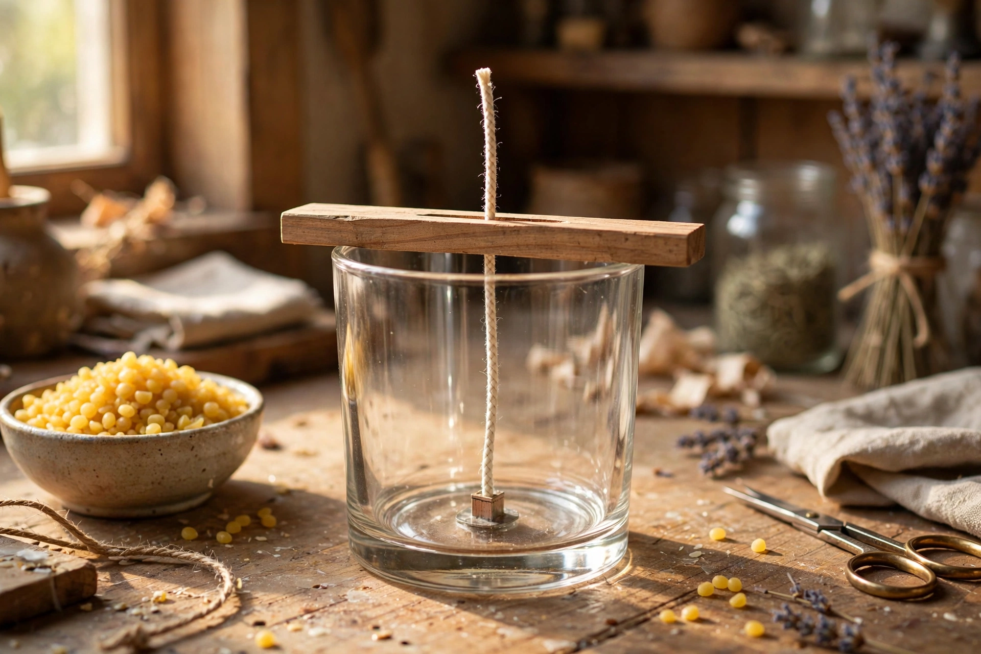 Placing a wick centered in an empty glass container with a holder