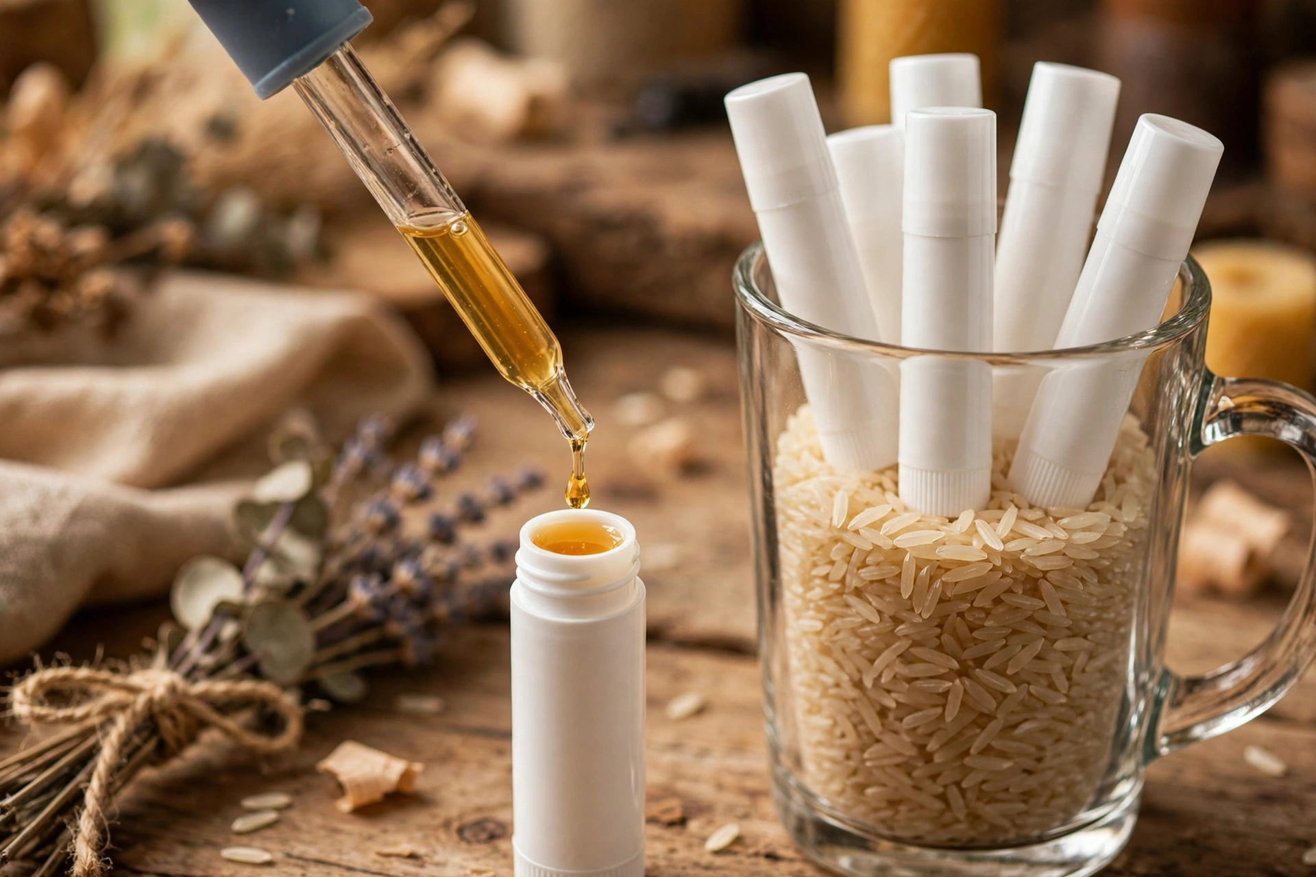 Filling an empty lip balm twist tube with a pipette, tubes standing upright in a mug of rice