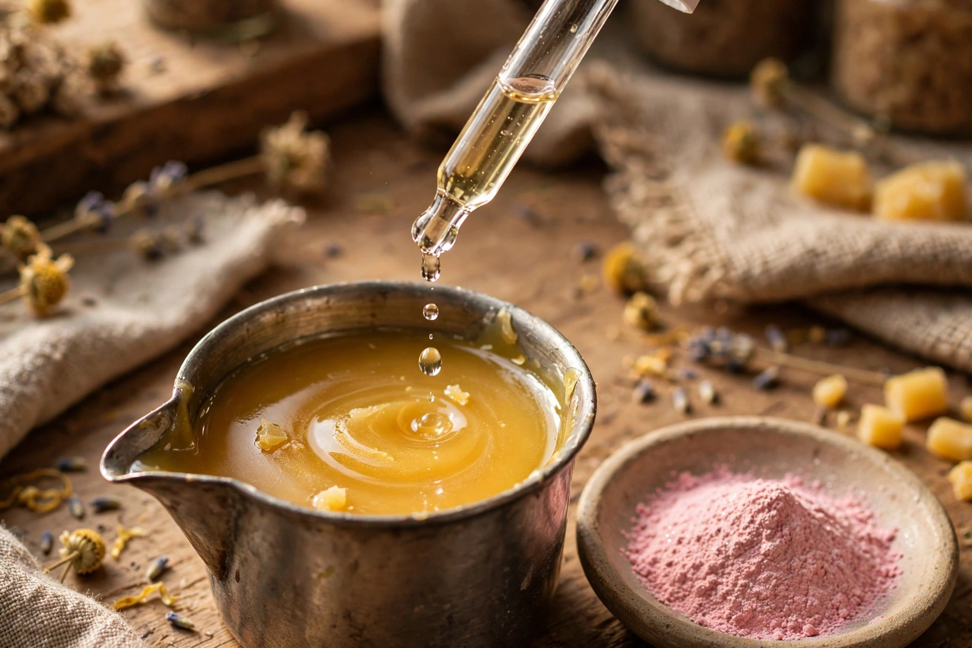 Adding drops of lip-safe flavor oil to melted beeswax balm mixture in a pitcher