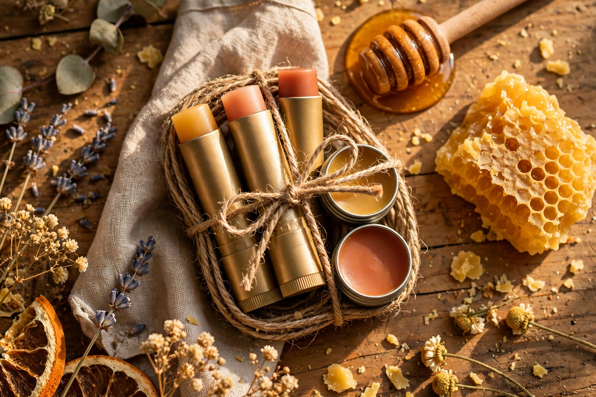 A gift set of tinted beeswax lip balms in tubes and tins tied with twine beside honey and dried flowers