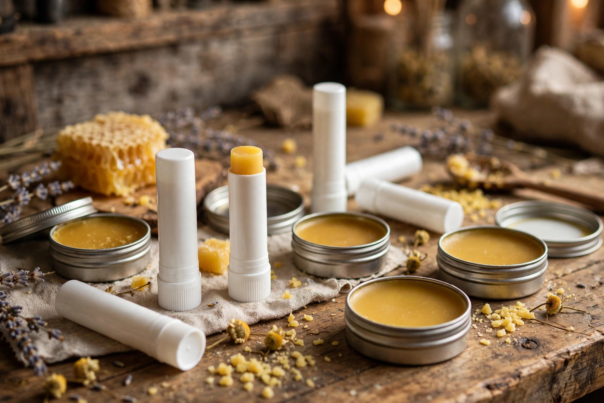 Finished beeswax lip balms in twist tubes and small metal tins arranged on a rustic wooden workbench