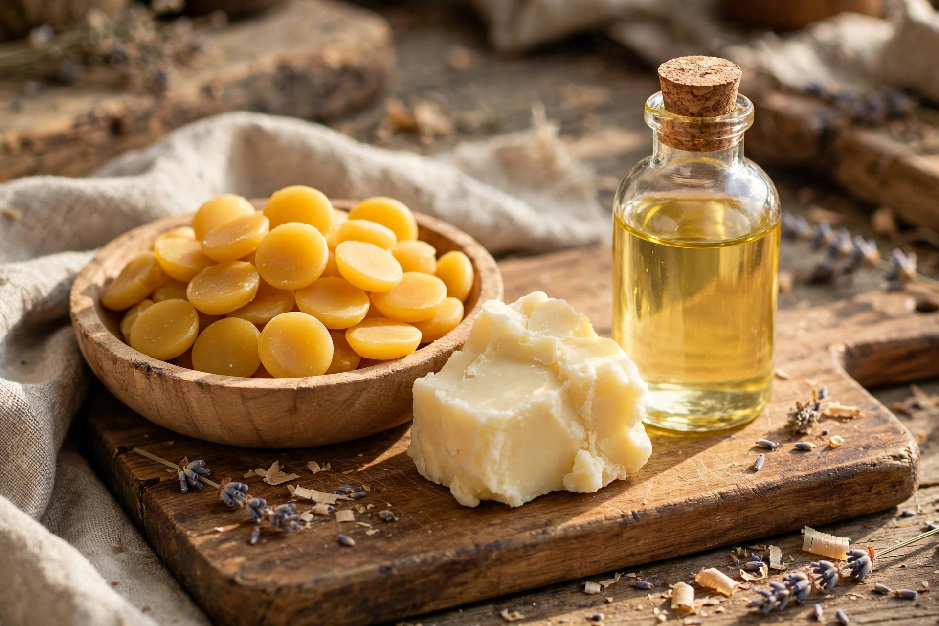 Golden beeswax pastilles, a block of shea butter, and a bottle of liquid oil on a rustic cutting board