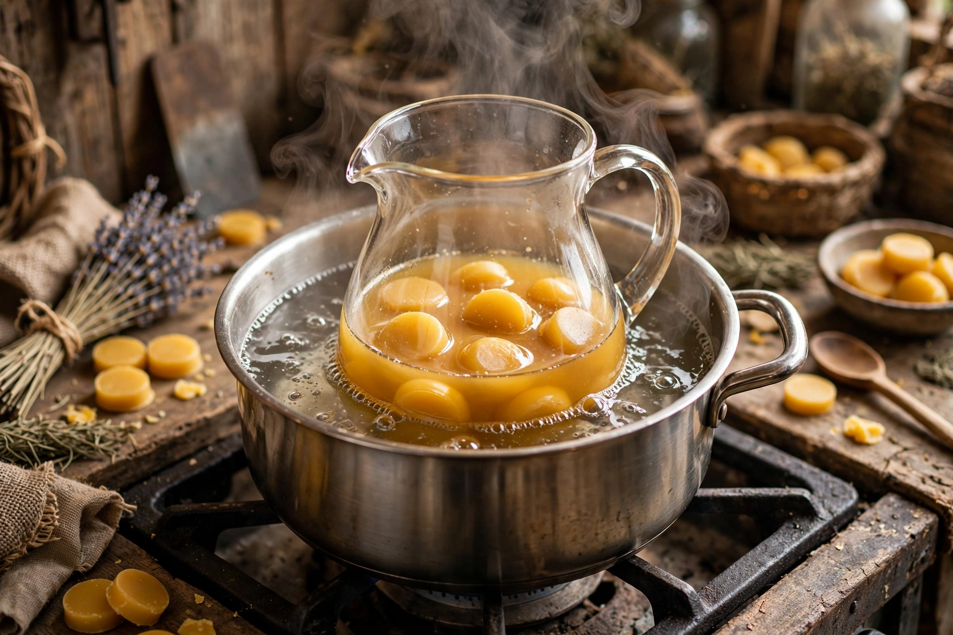 Golden beeswax melting in a spouted glass pitcher set in a simmering water bath on the stove