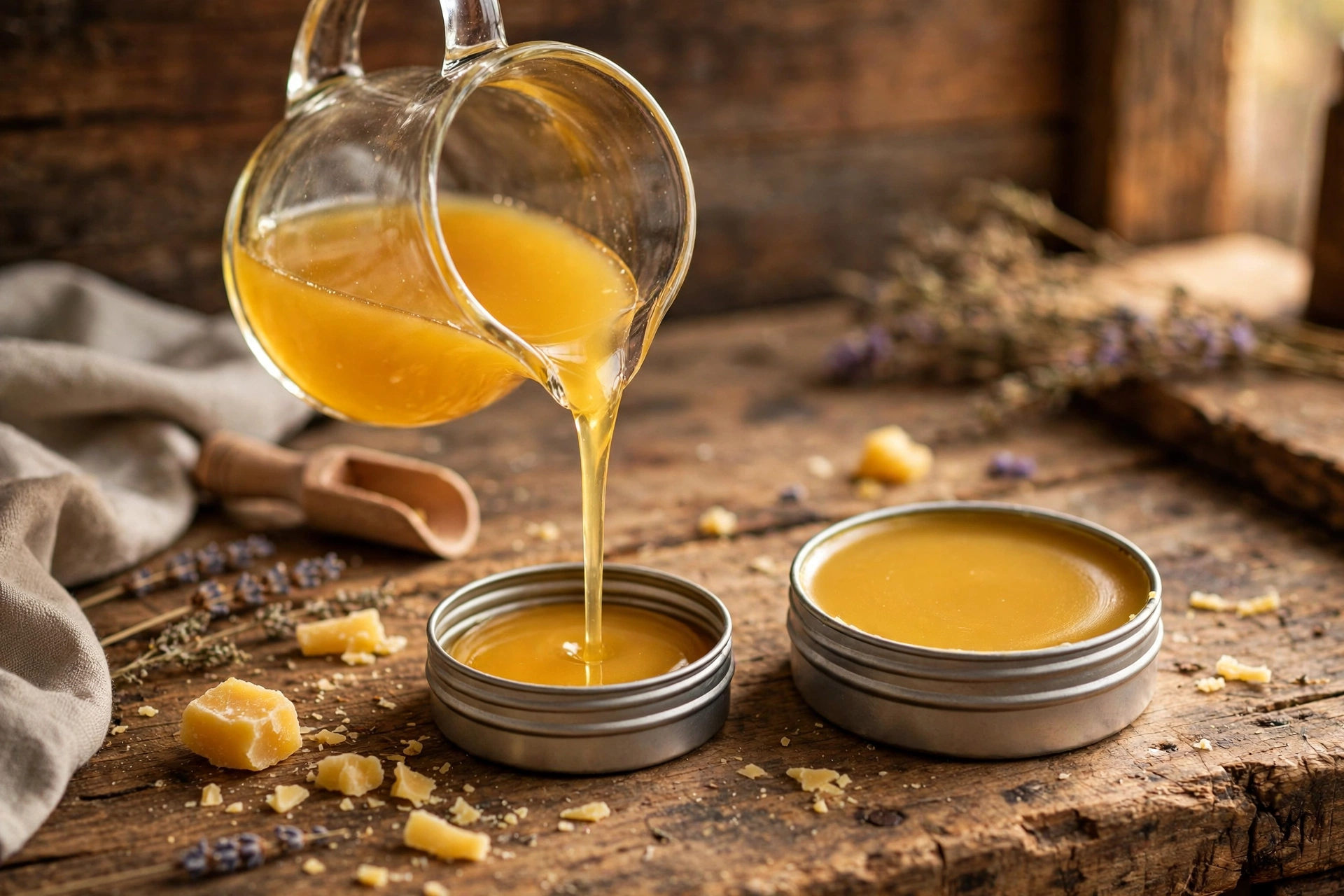Pouring golden beeswax lip balm mixture from a spouted pitcher into small round metal tins
