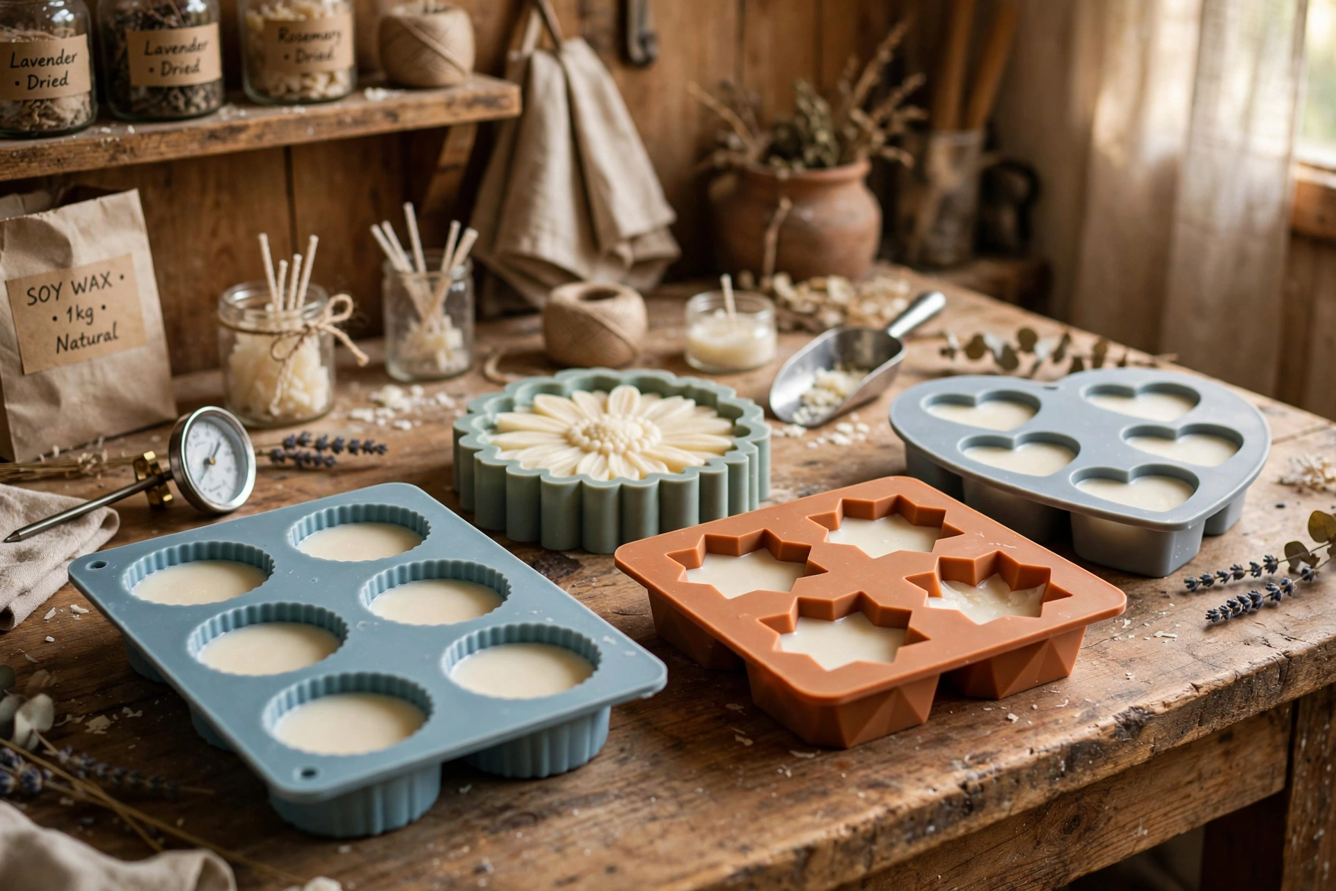 Filled candle molds cooling undisturbed on a workbench